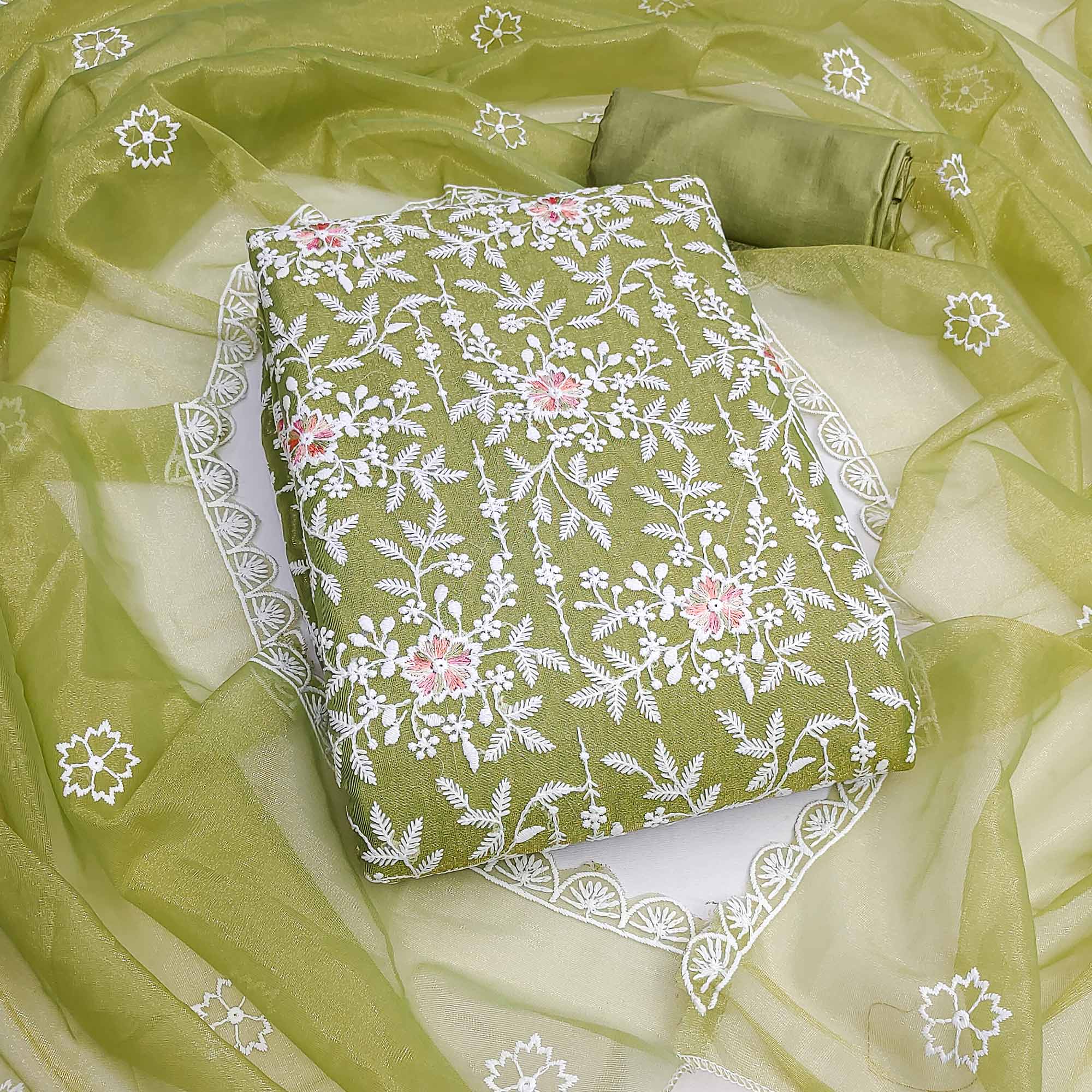 Graceful Green Organza Dress Material Adorned with Intricate Floral Embroidery