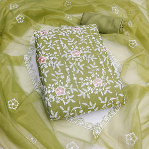 Graceful Green Organza Dress Material Adorned with Intricate Floral Embroidery
