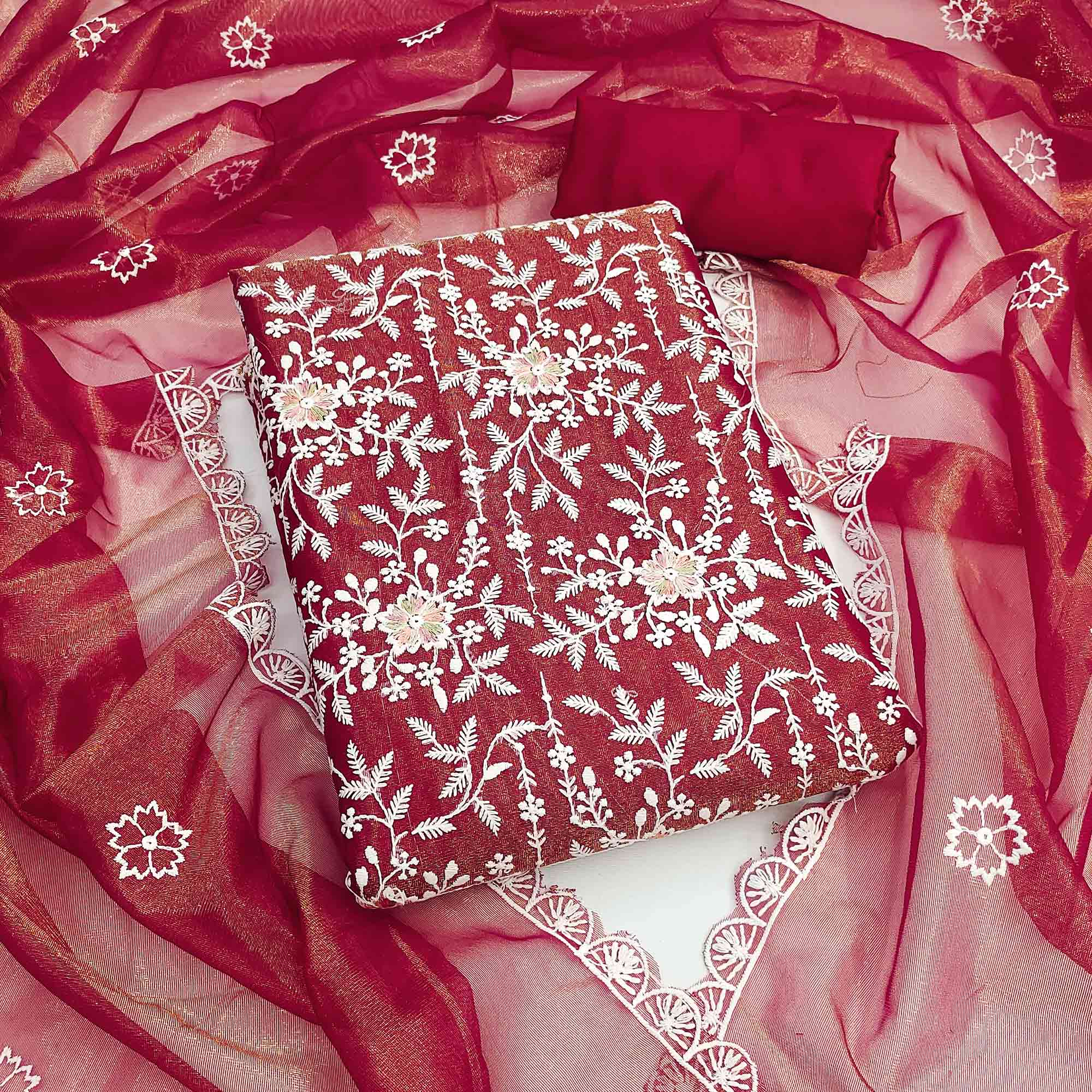 Sophisticated Maroon Organza Dress Material Adorned with Intricate Floral Embroidery