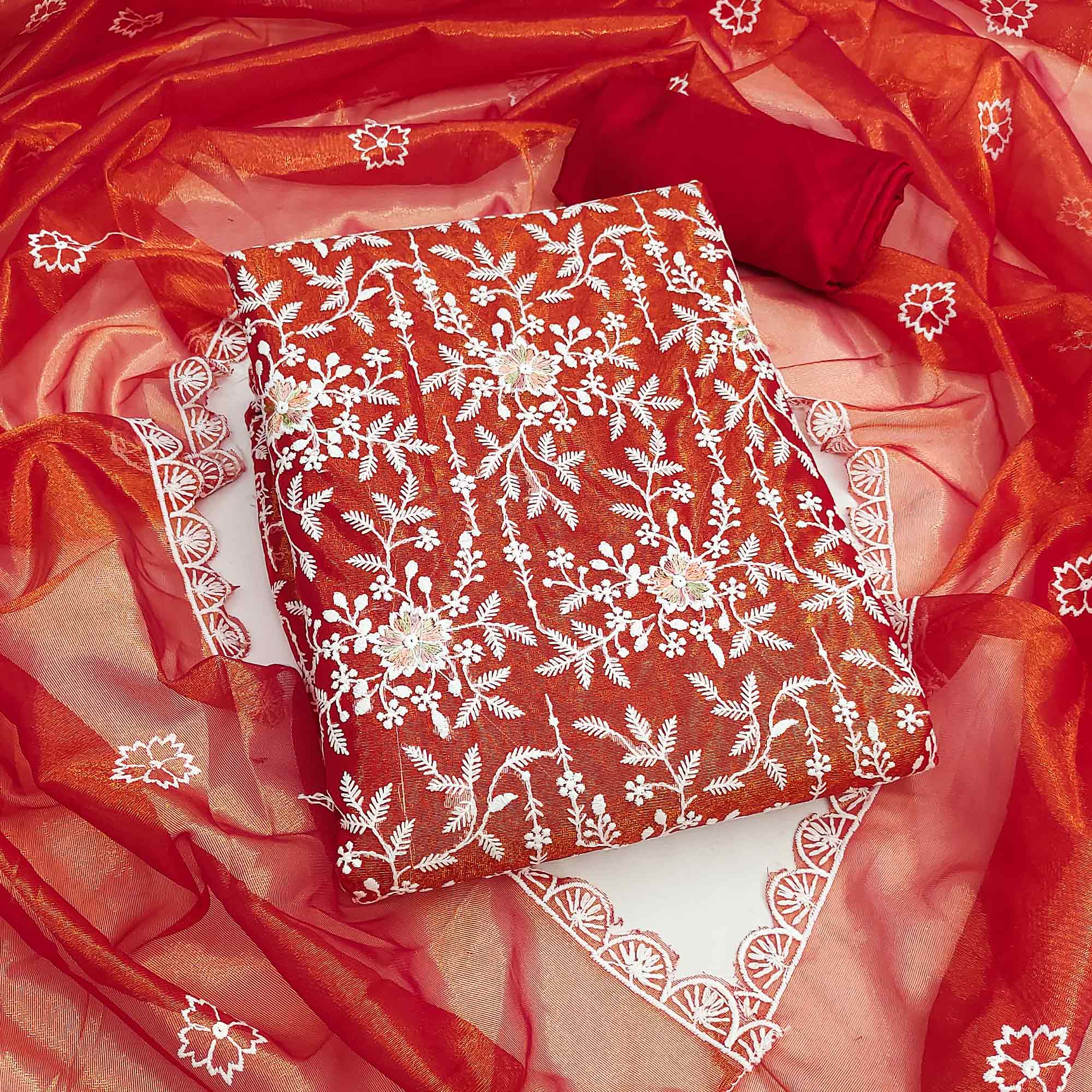 Stunning Rust Dress Material Adorned with Intricate Floral Embroidery