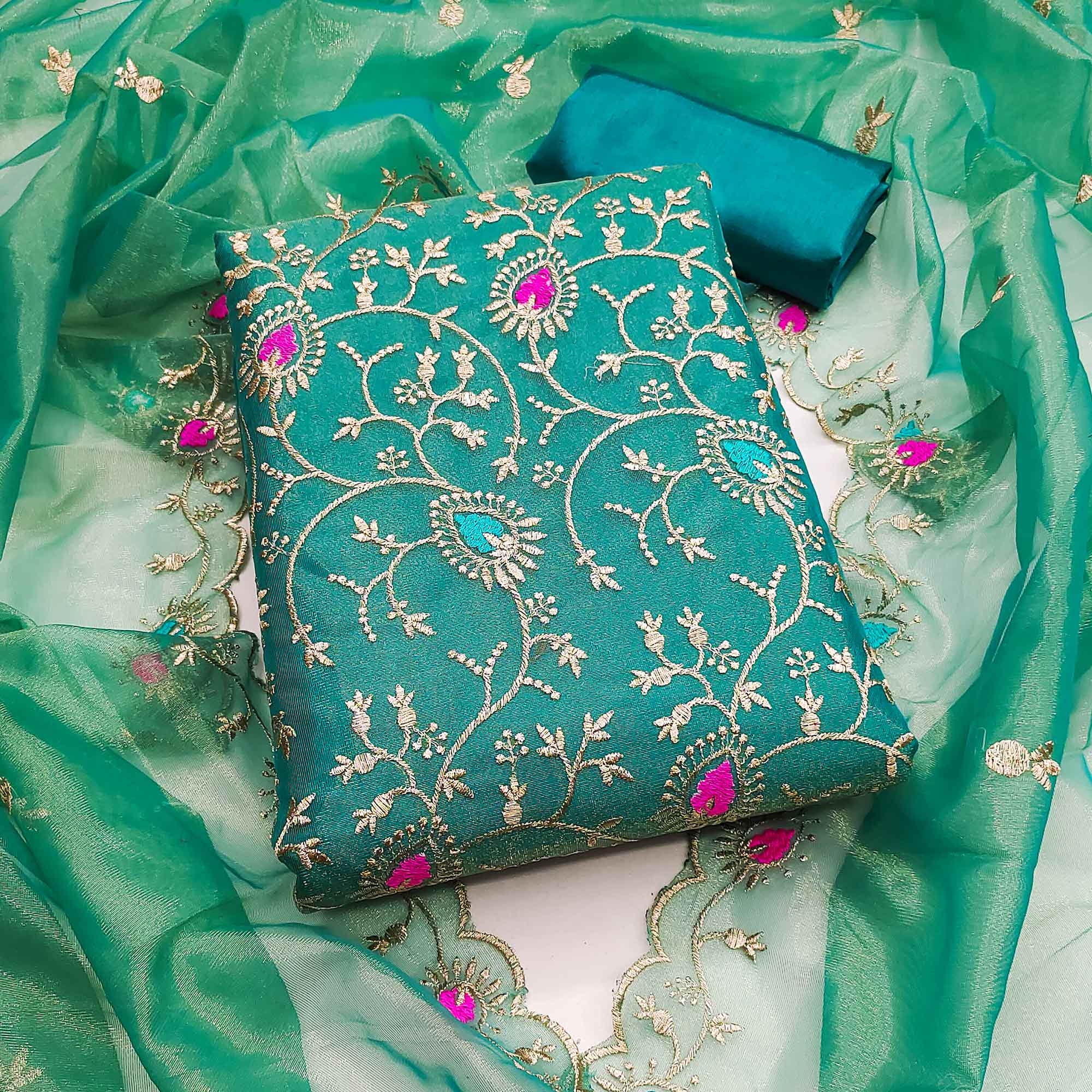 Elegant Rama Blue Organza Dress Material with Exquisite Floral Thread & Zari Embroidery