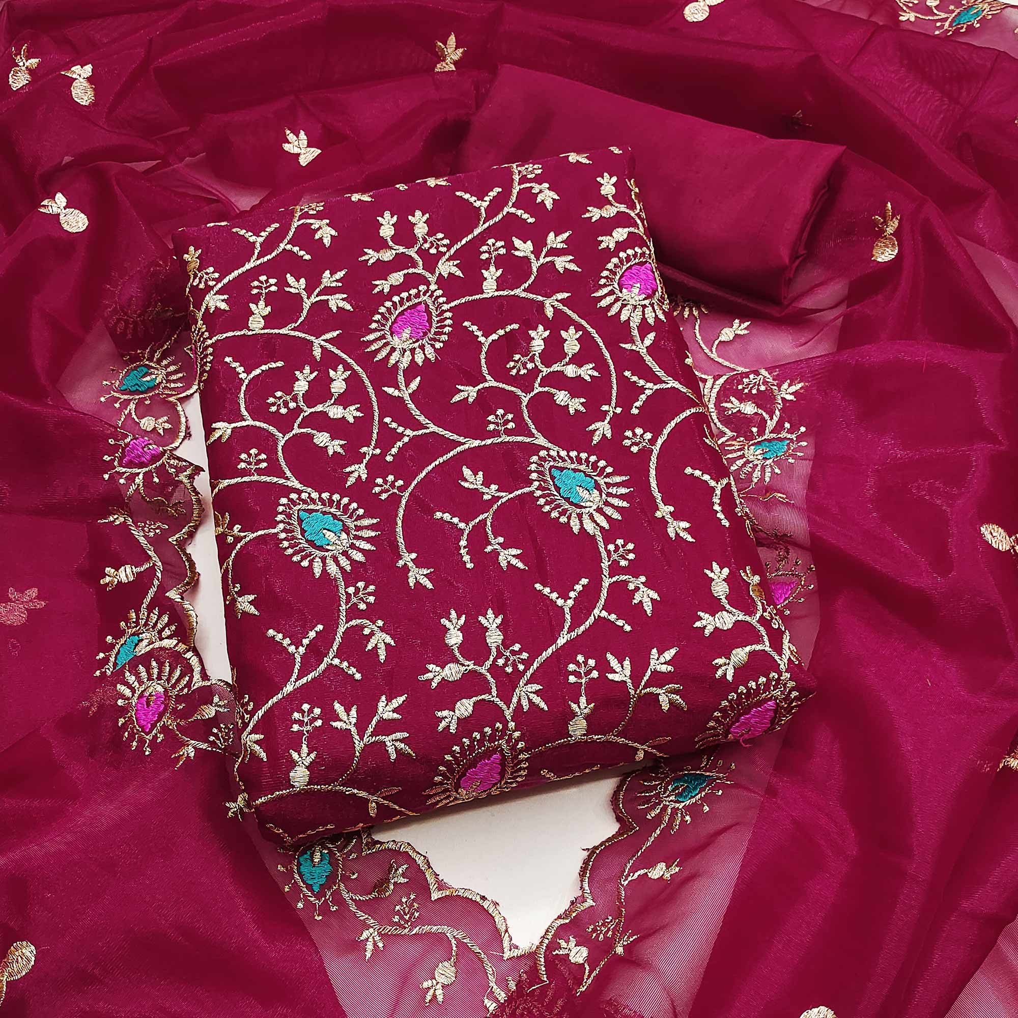 Refreshing Rani Pink Organza Dress Material with Exquisite Floral Thread & Zari Embroidery