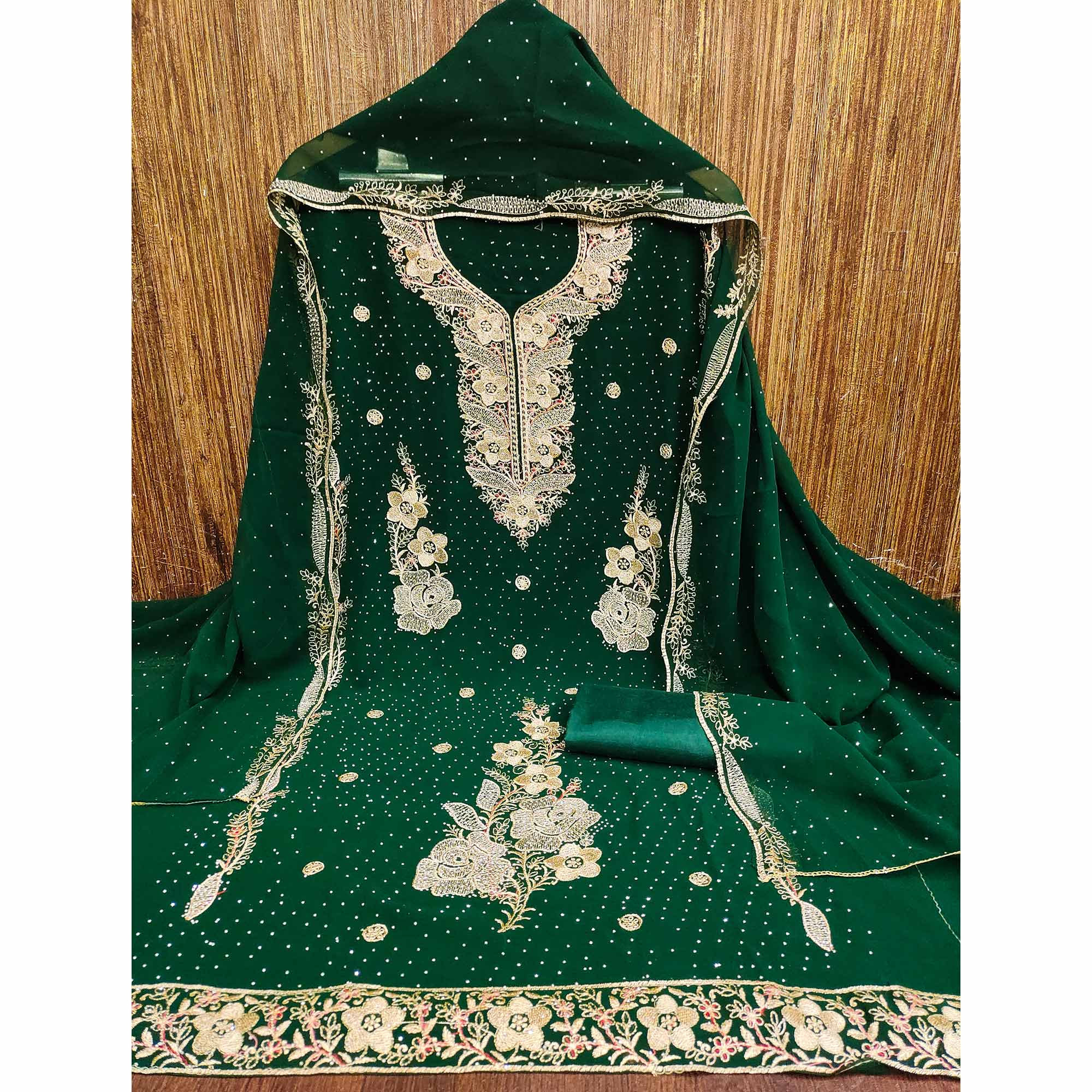 Green Georgette Dress Material With Luxurious Floral Zari Embroidery & Stonework