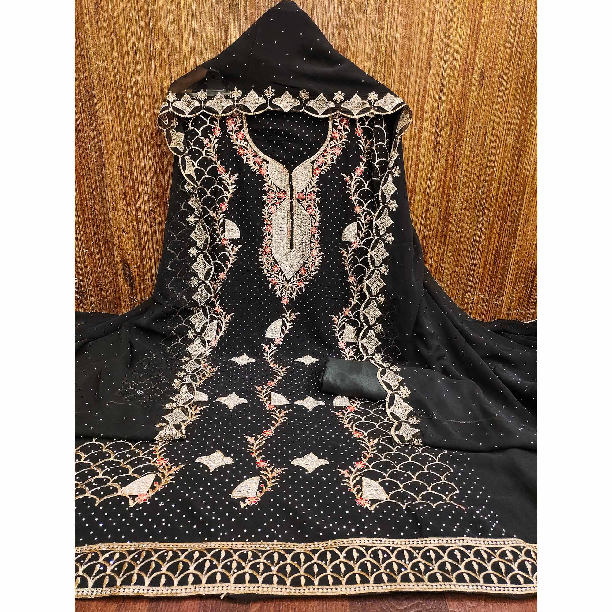 Black Georgette Dress Material With Exquisite Floral Embroidery And Stonework