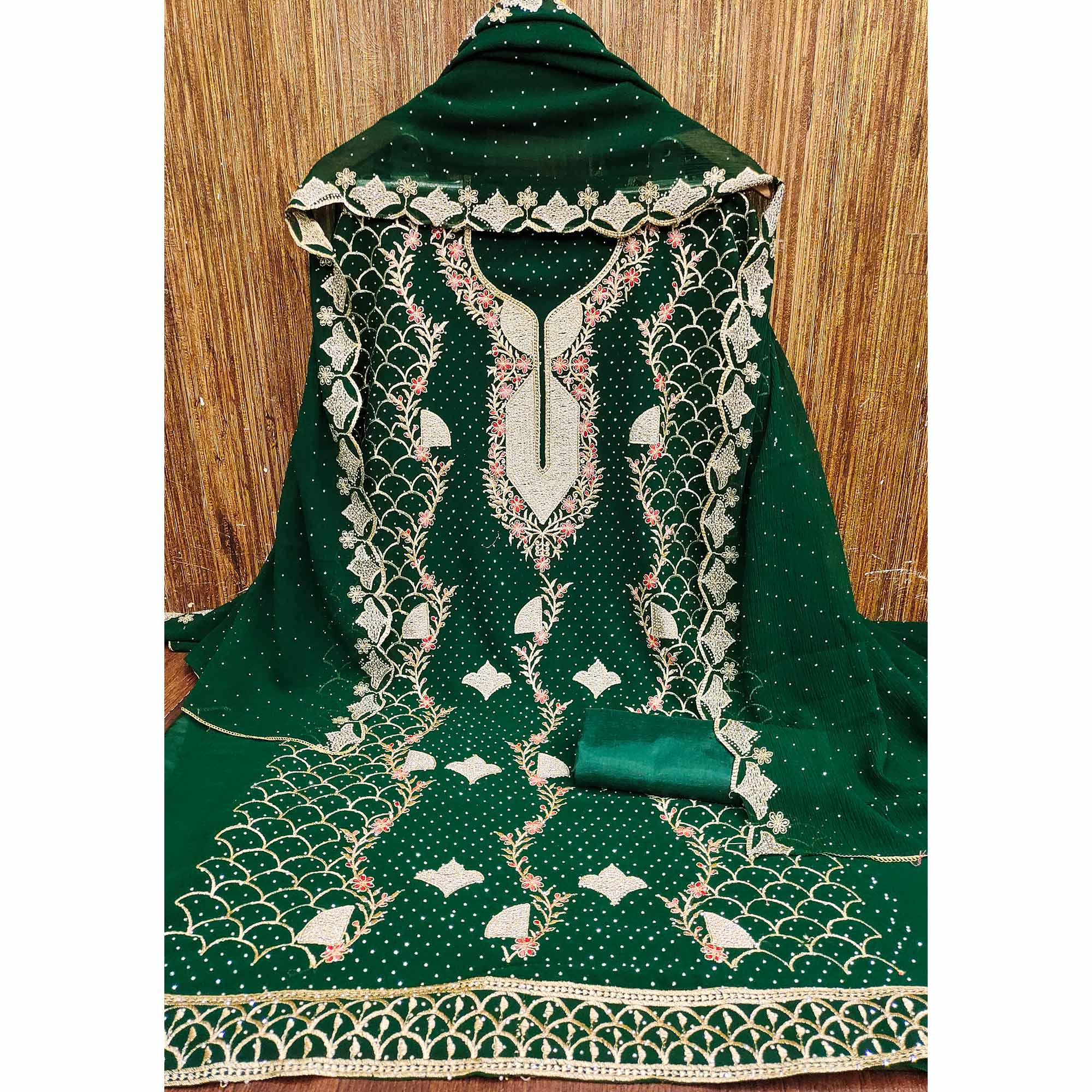 Green Georgette Dress Material With Exquisite Floral Embroidery And Stonework