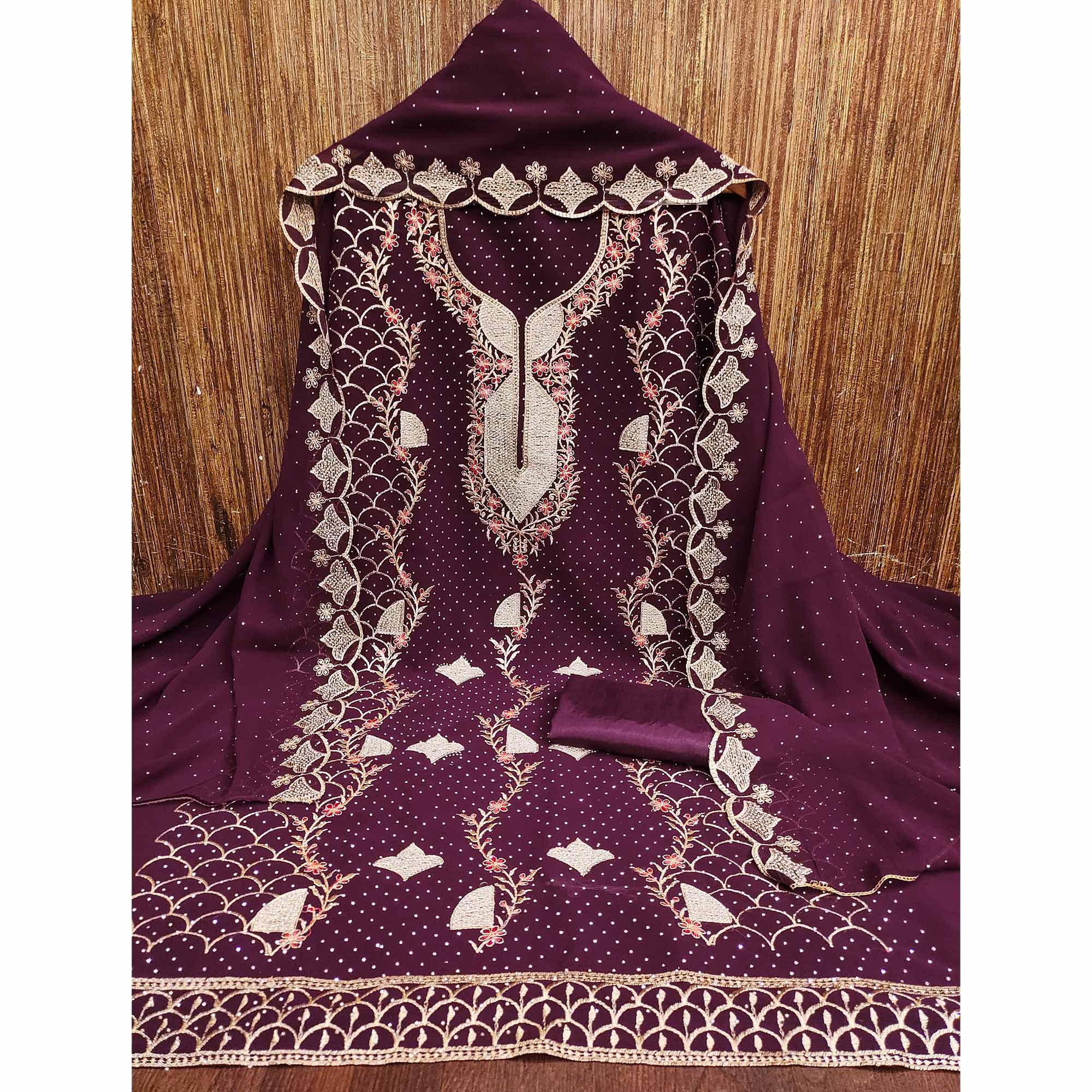 Wine Georgette Dress Material With Exquisite Floral Embroidery And Stonework