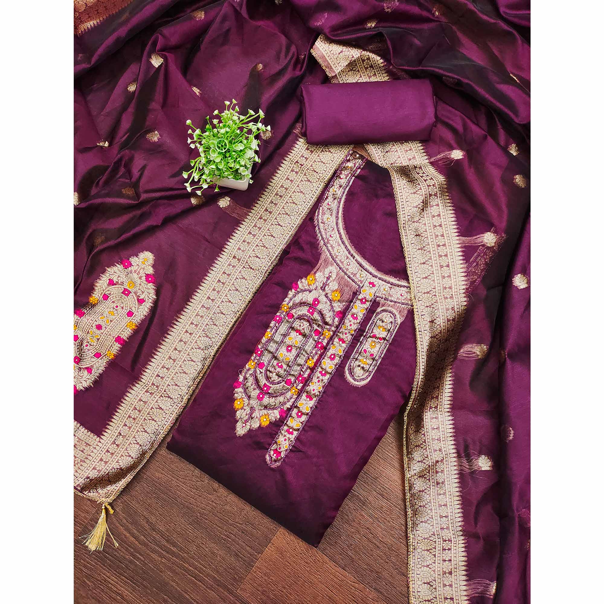 Festive Wine Unstitched Dress Material in Zari Weaving Jacquard