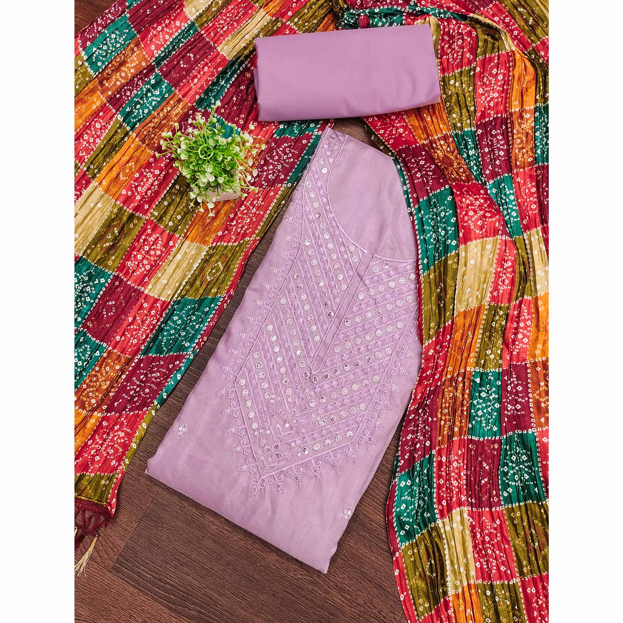 Light Purple Cotton Blend Suit Material with Soft Floral Embroidery