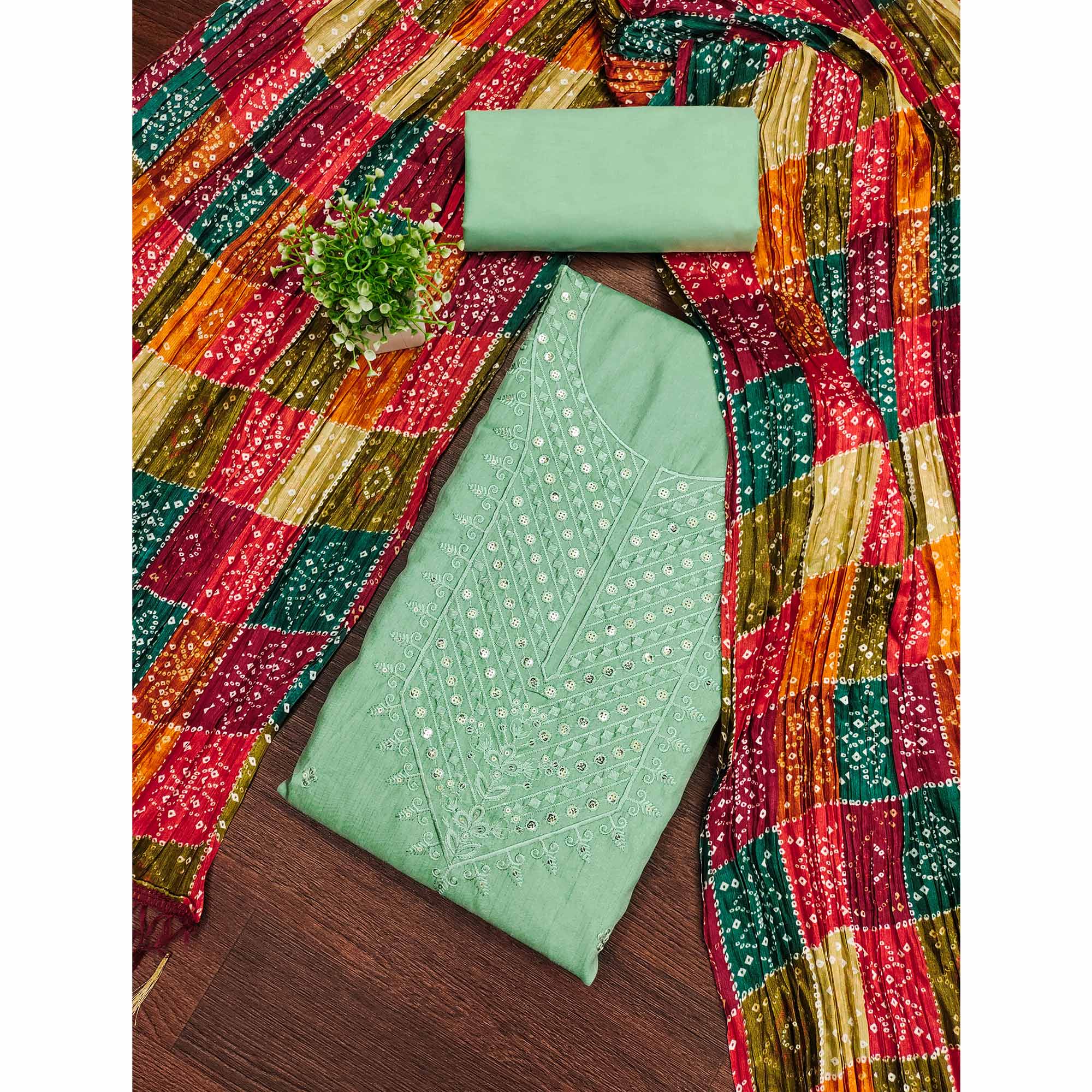 Sea Green Cotton Blend Suit Material with Soft Floral Embroidery