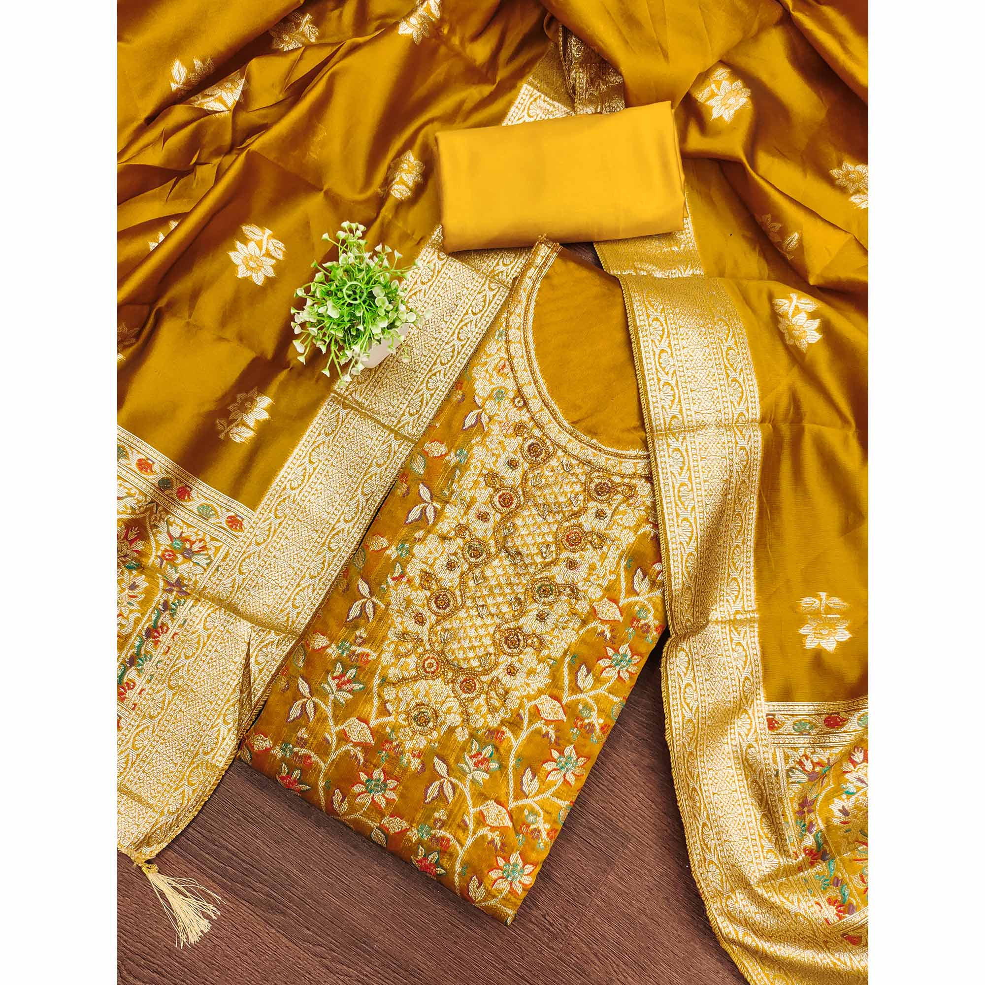 Unstitched Mustard Jacquard Dress Set with Traditional Zari Weaving