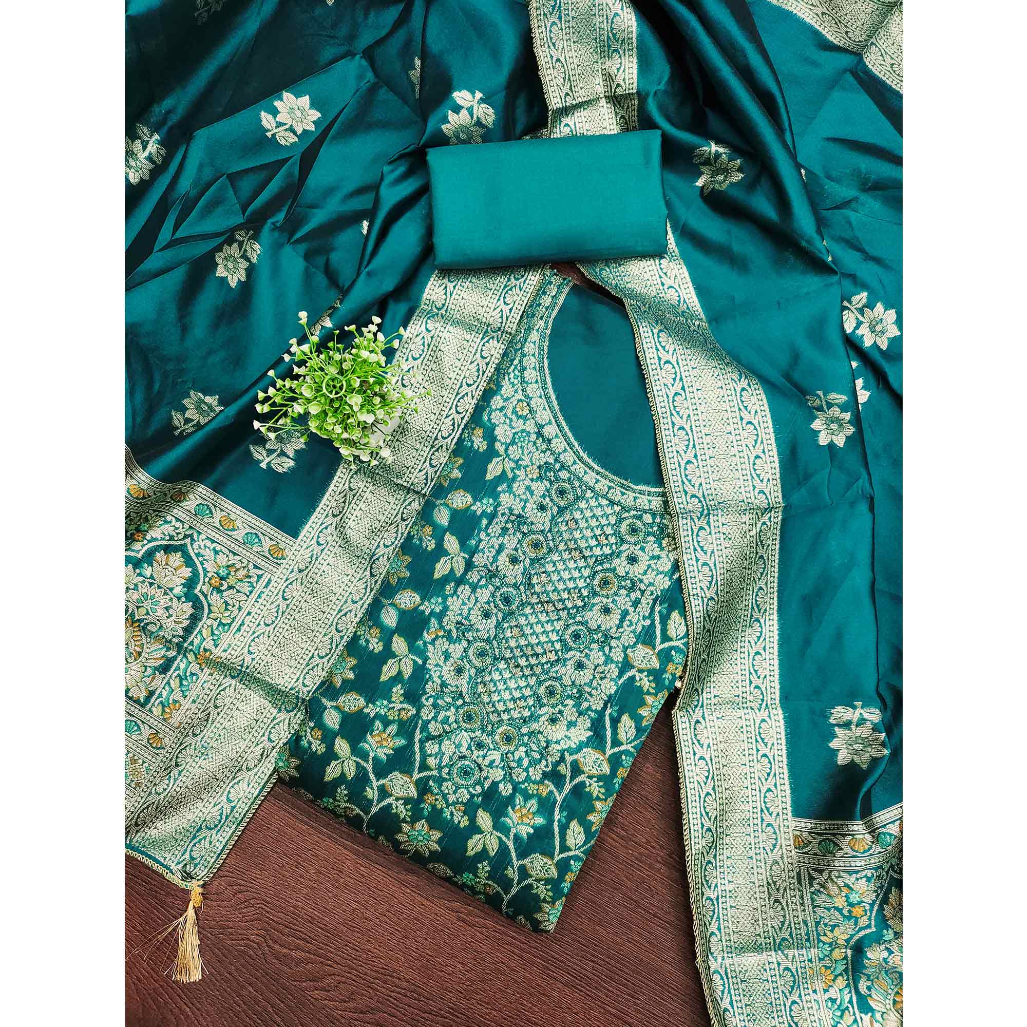Unstitched Teal Jacquard Dress Set with Traditional Zari Weaving