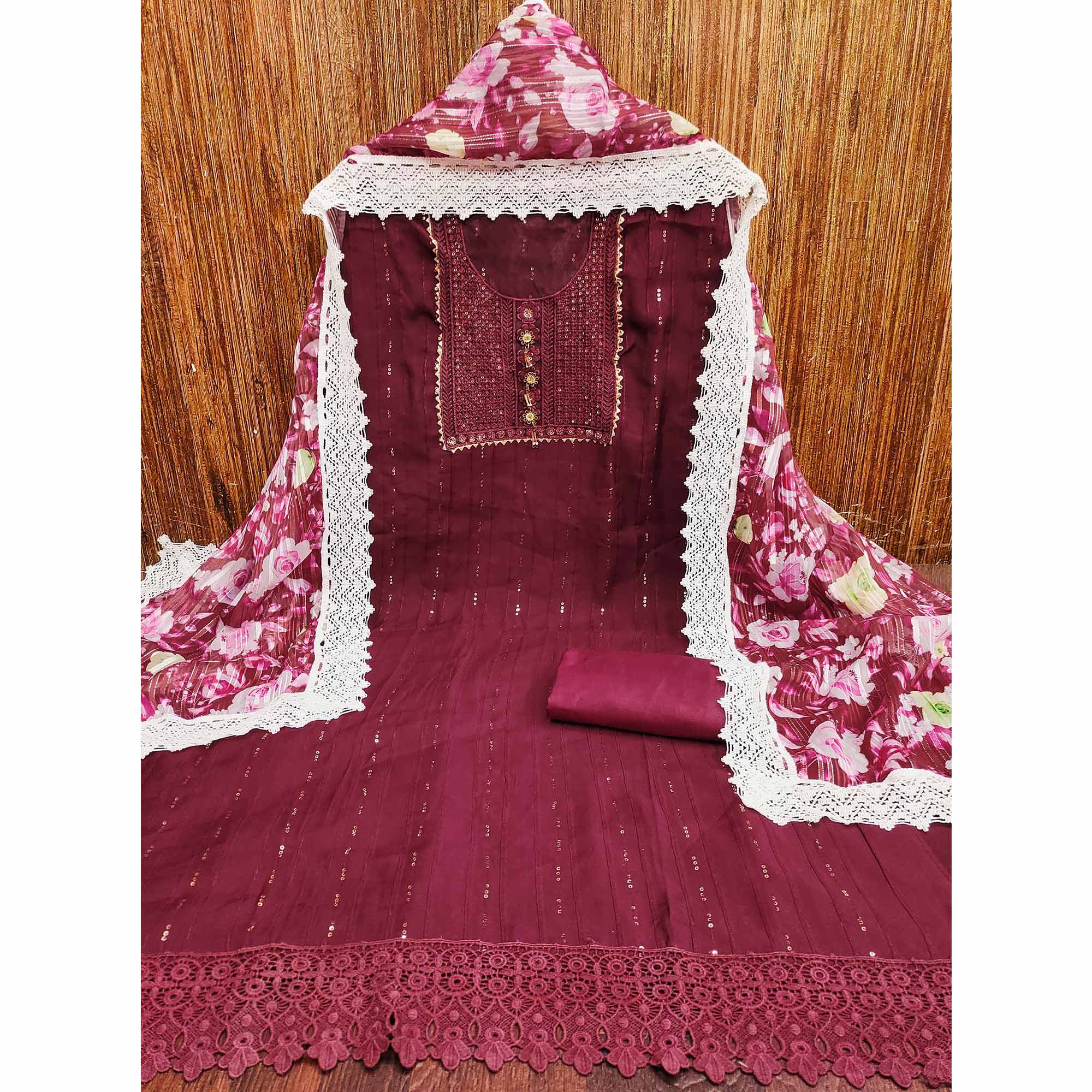 Maroon Cotton Blend Suit Material Enhanced with Sequins Embroidery