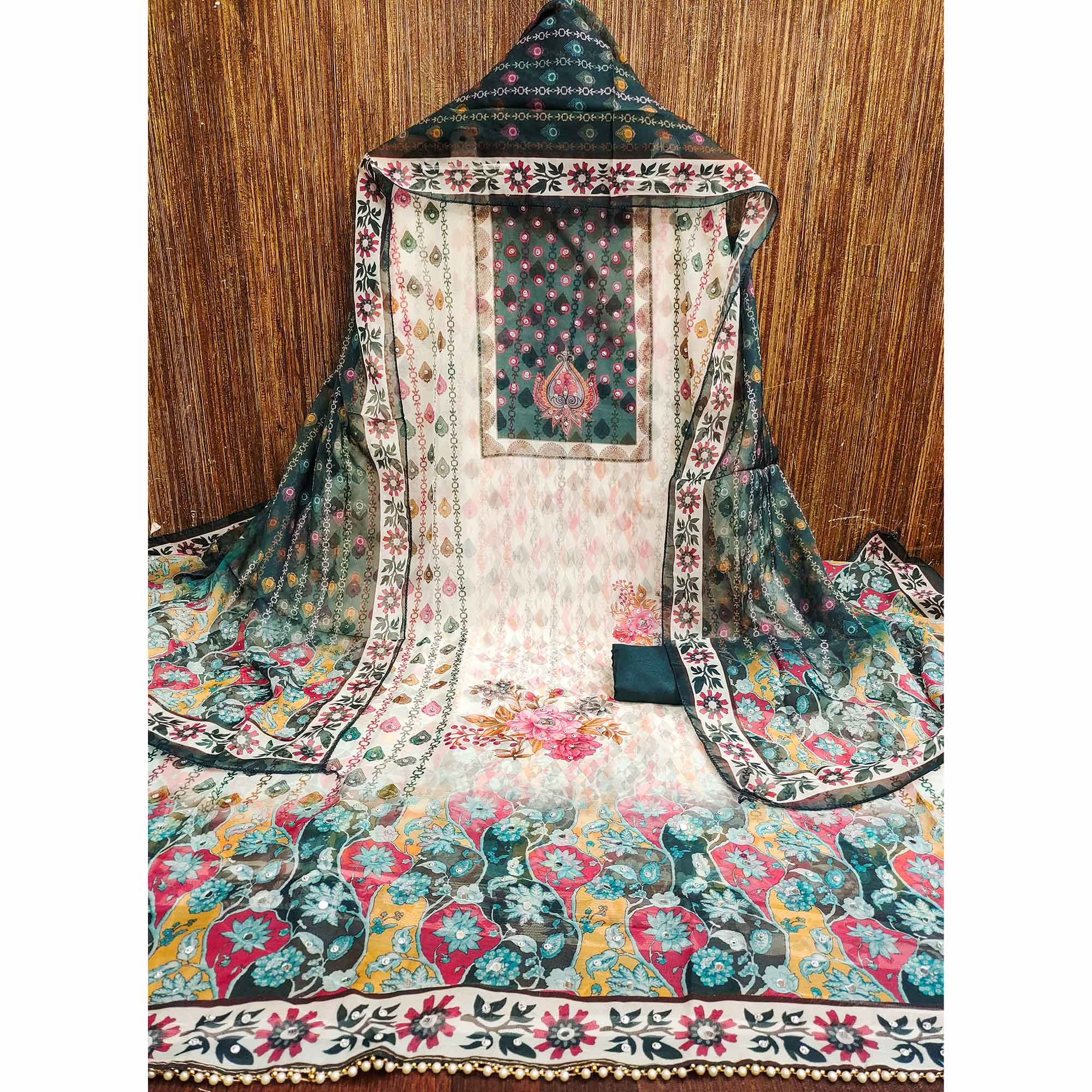 Off-White & Green Organza Dress Material with Elegant Floral Prints