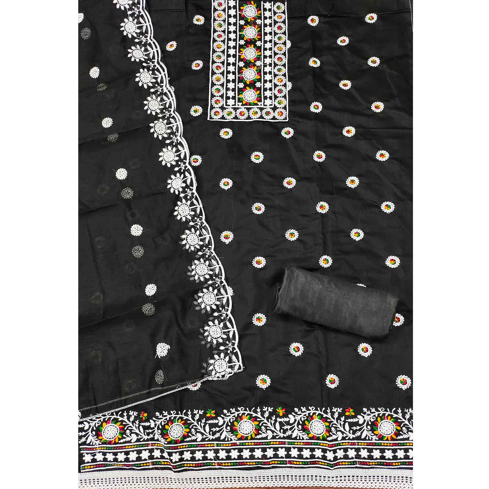 Black Embroidered Cotton Blend Suit Fabric with Soft Floral Detailing