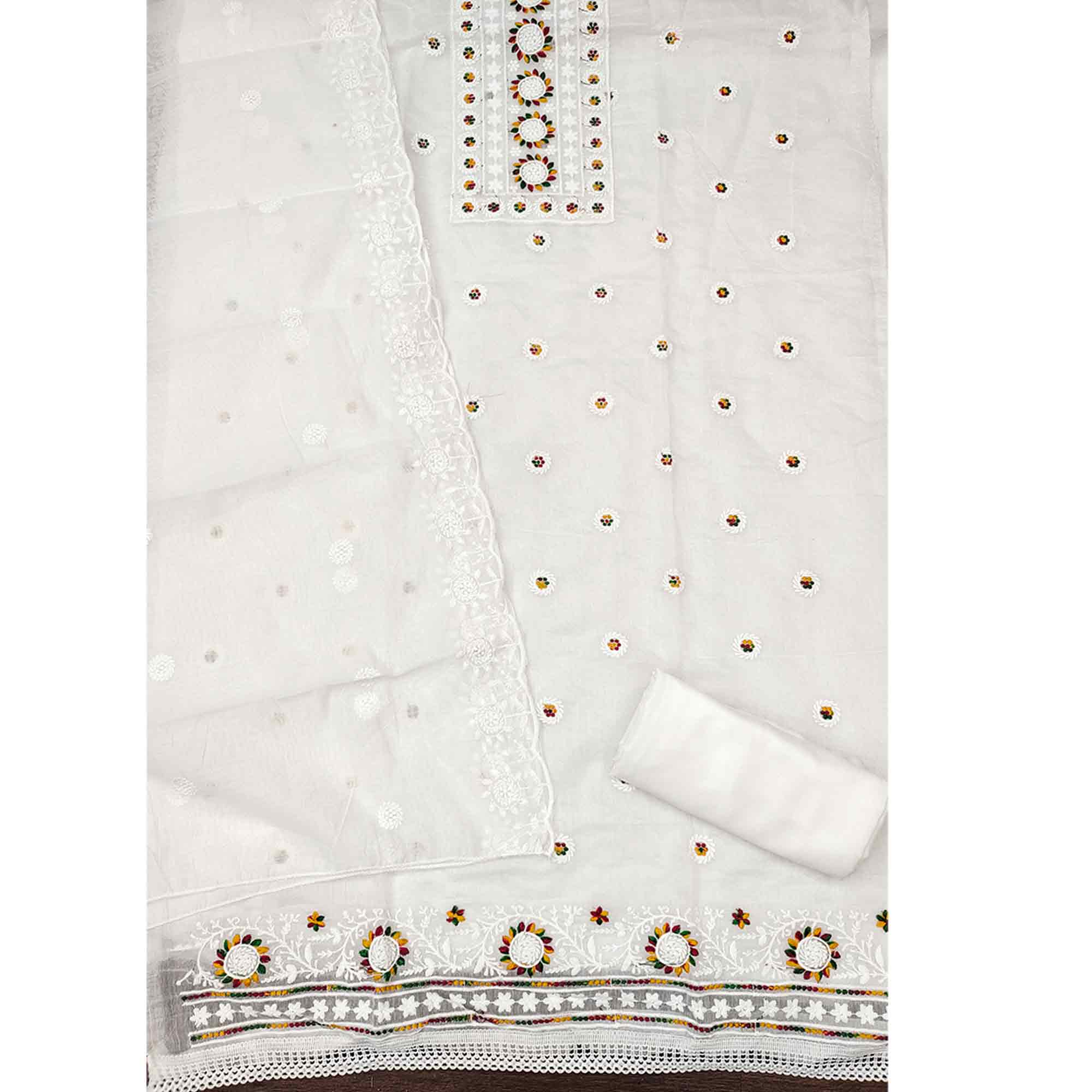 White Embroidered Cotton Blend Suit Fabric with Soft Floral Detailing