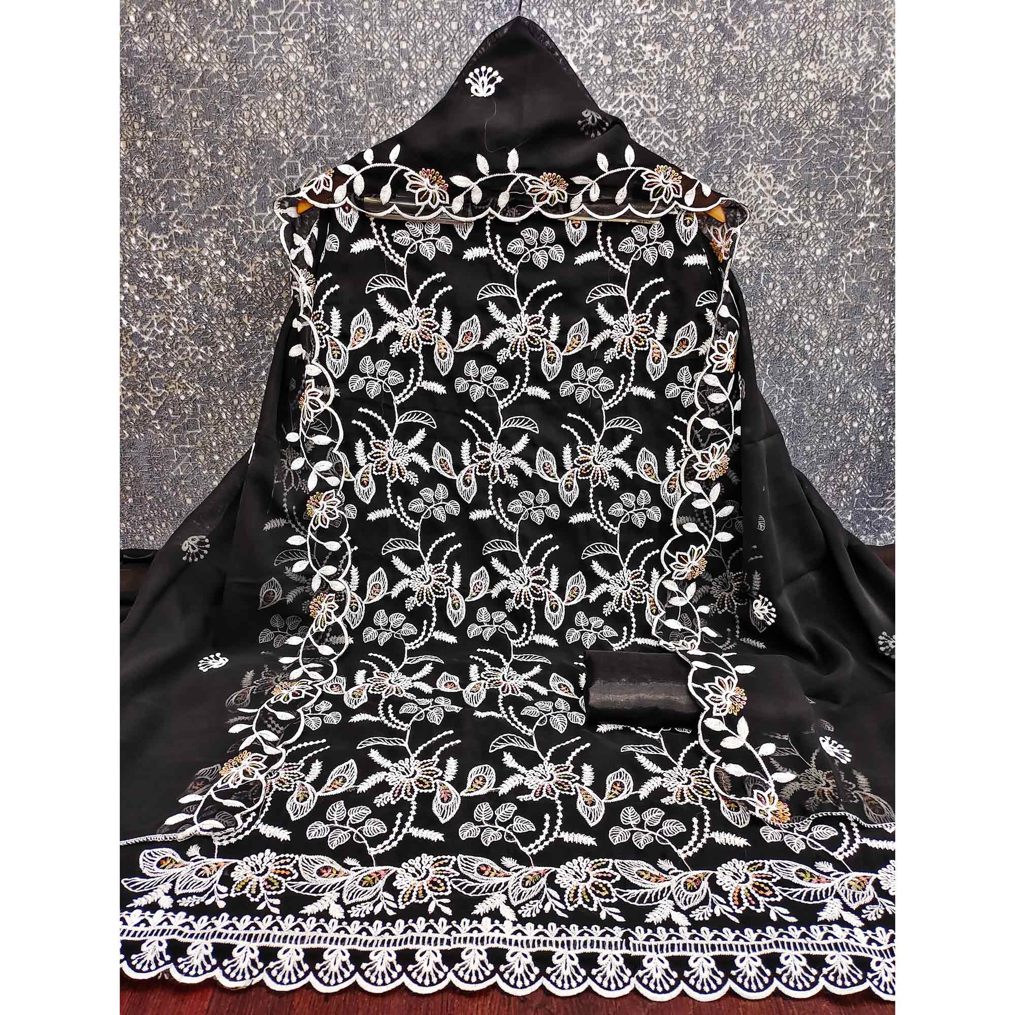 Black Georgette Dress Material Accented With Floral Thread Work