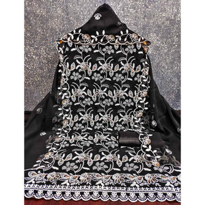 Black Georgette Dress Material Accented With Floral Thread Work
