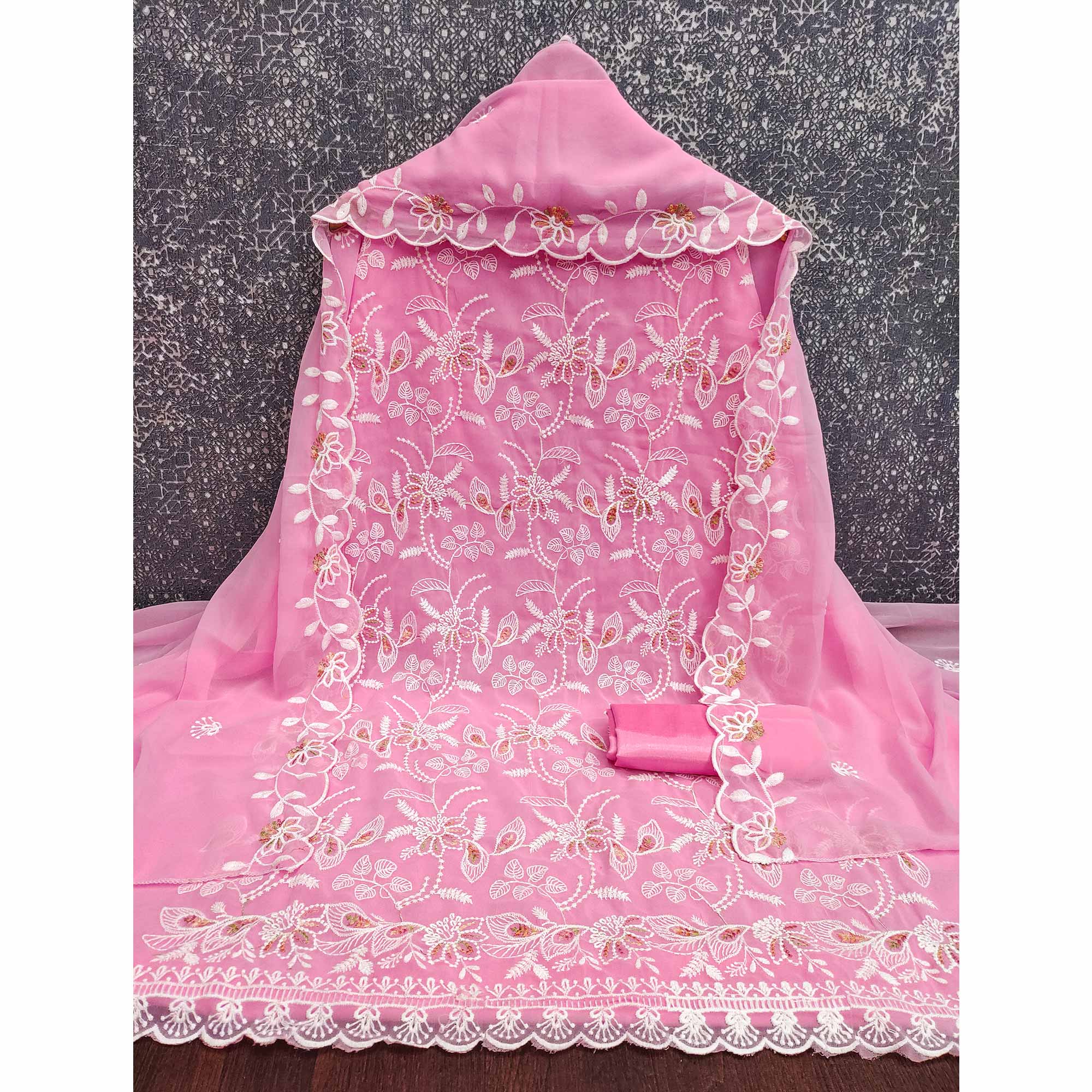 Pink Georgette Dress Material Accented With Floral Thread Work