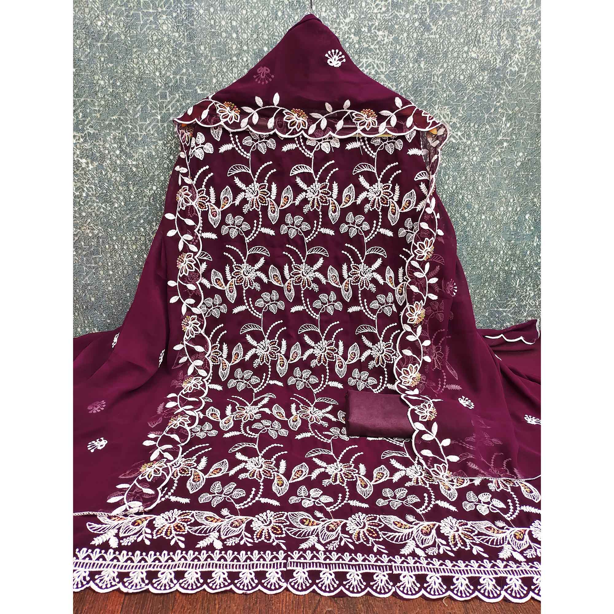Wine Georgette Dress Material Accented With Floral Thread Work