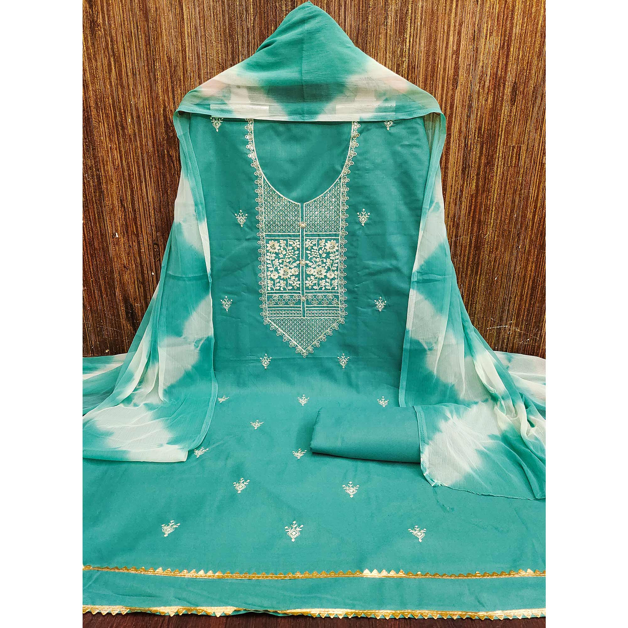 Turquoise Floral Thread Embroidered Cotton Blend Dress Material With Sequins Work