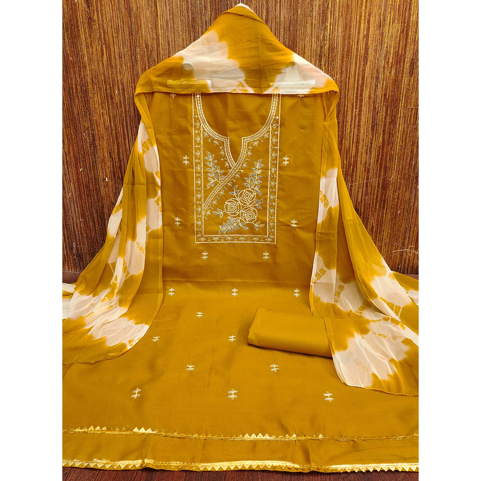 Mustard Cotton Blend Dress Material Highlighted With Floral Thread & Sequins Work