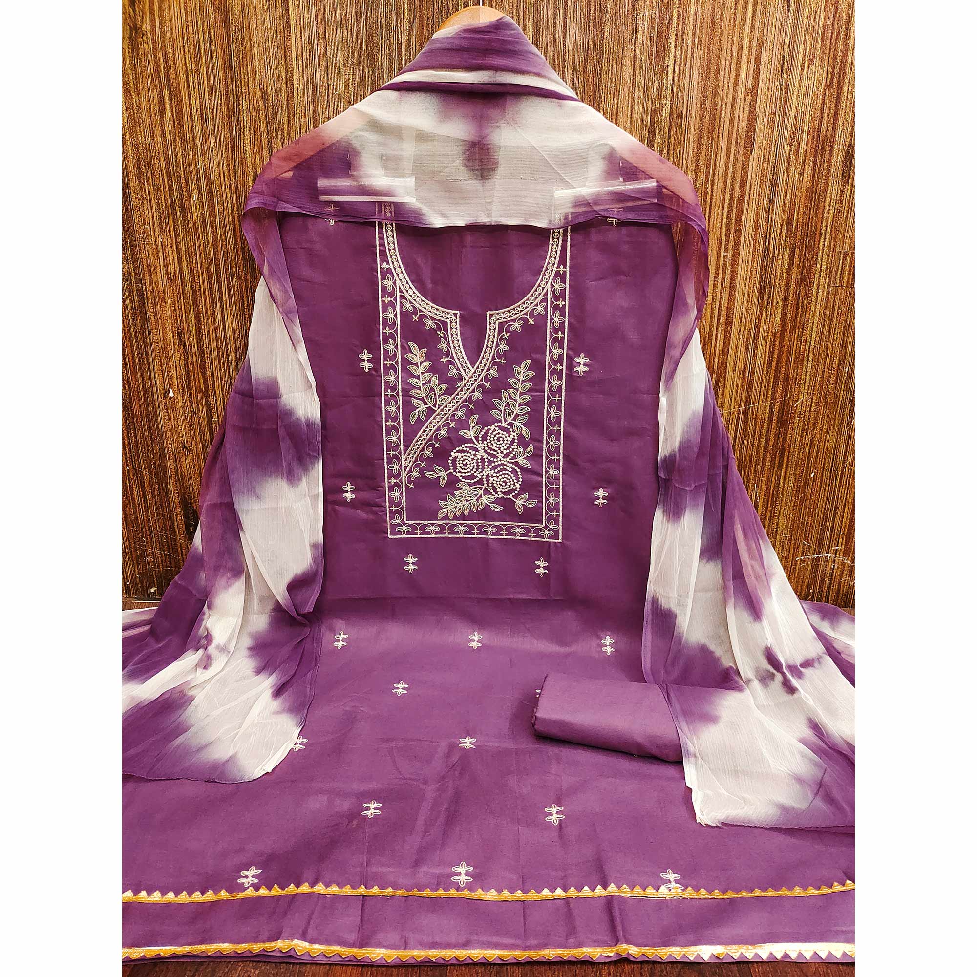 Purple Cotton Blend Dress Material Highlighted With Floral Thread & Sequins Work