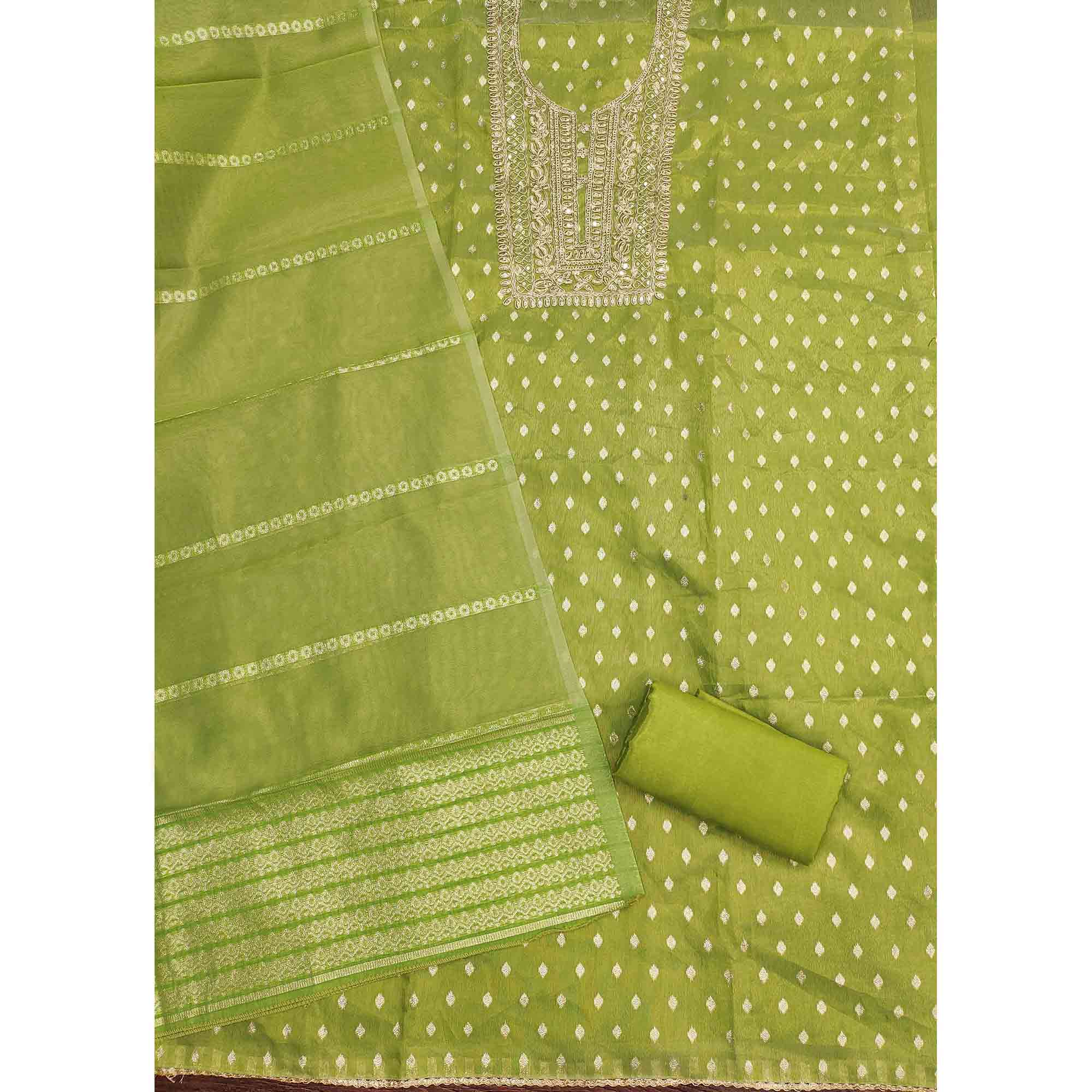 Classic Green Butti Weaving Shimmer Dress Material Enhanced With Sequins Cording Embroidery