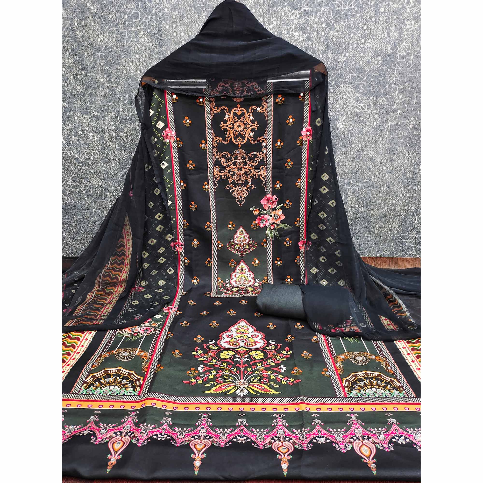 Black & Orange Floral Digital Printed Rayon Dress Material Enhanced With Mirror Work