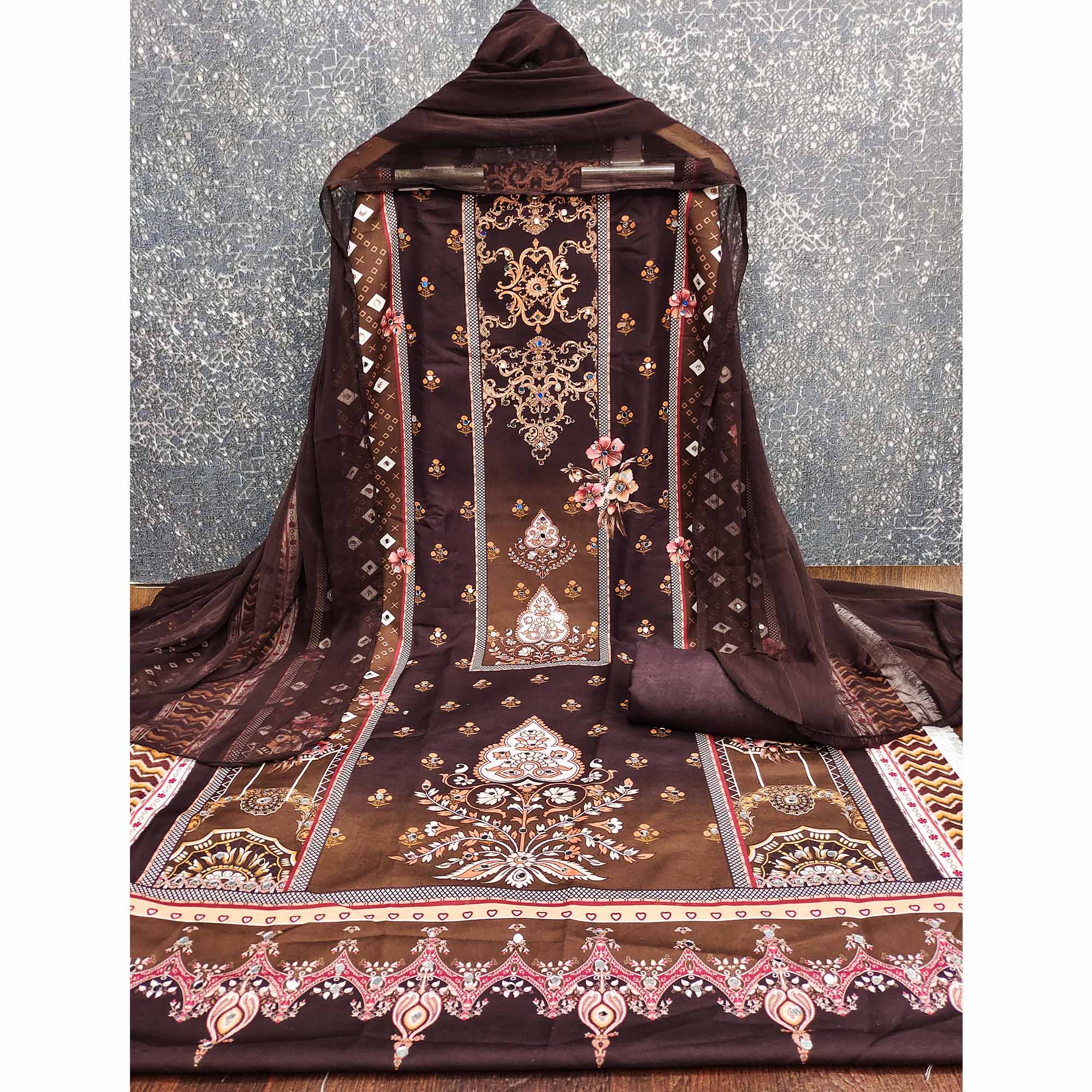 Brown Floral Digital Printed Rayon Dress Material Enhanced With Mirror Work