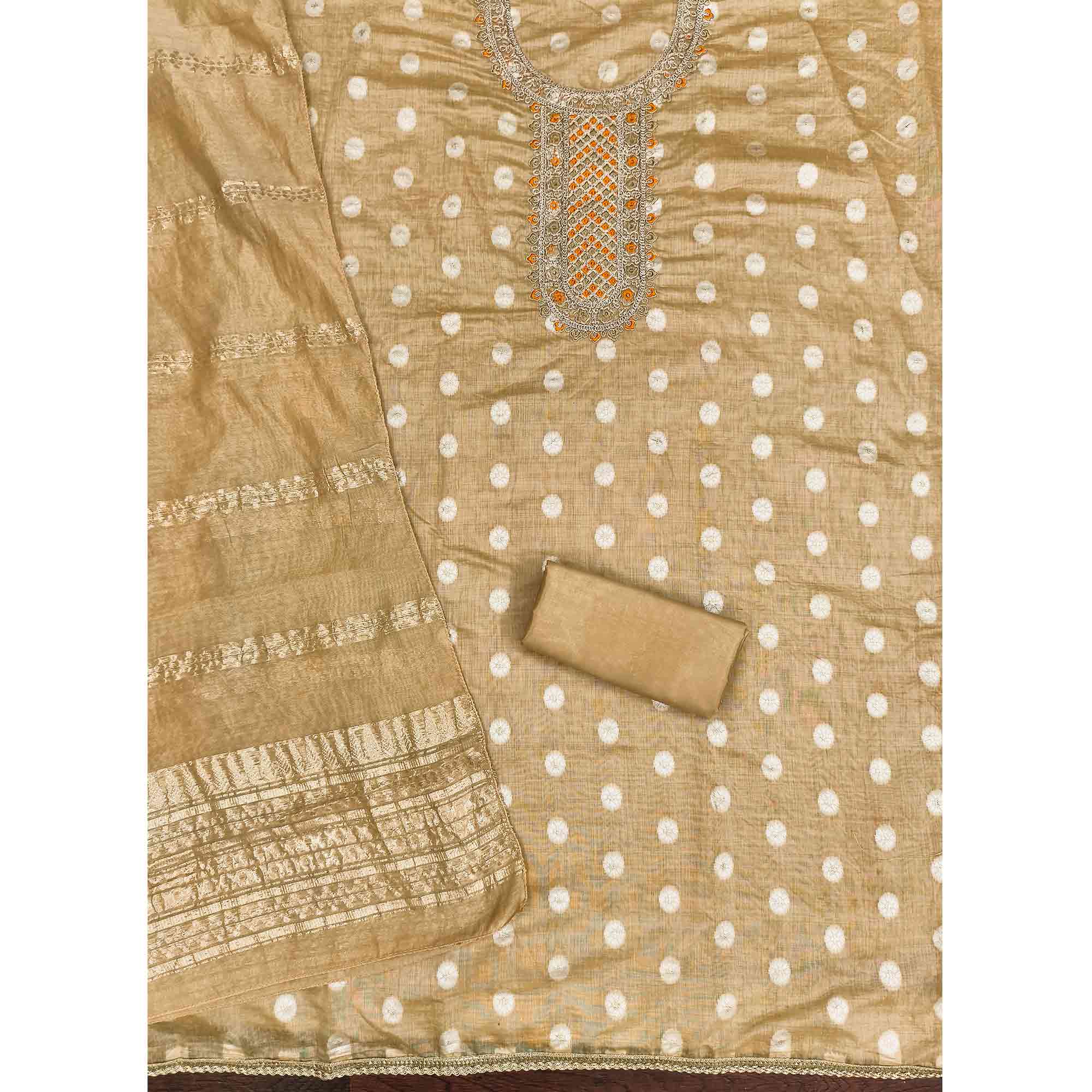 Graceful Beige Jacquard Dress Material Featuring Floral Weaving & Sequins Cording Embroidery