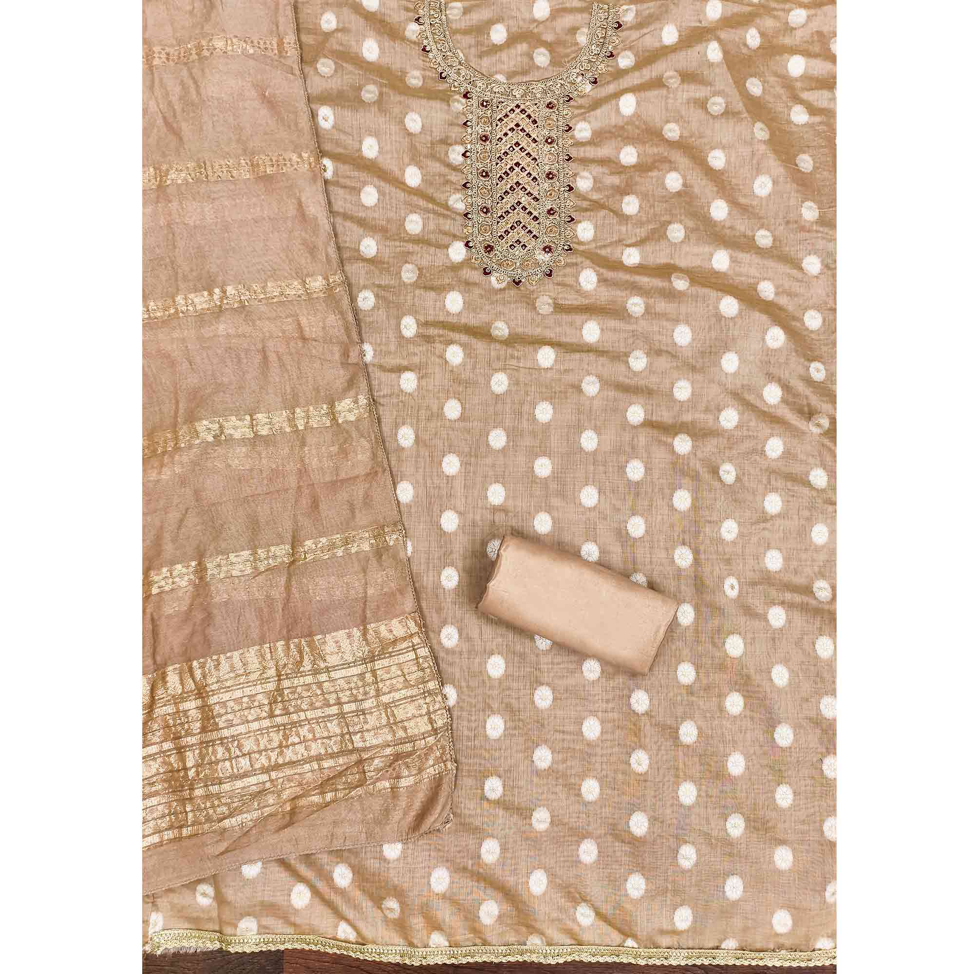 Graceful Light Brown Jacquard Dress Material Featuring Floral Weaving & Sequins Cording Embroidery