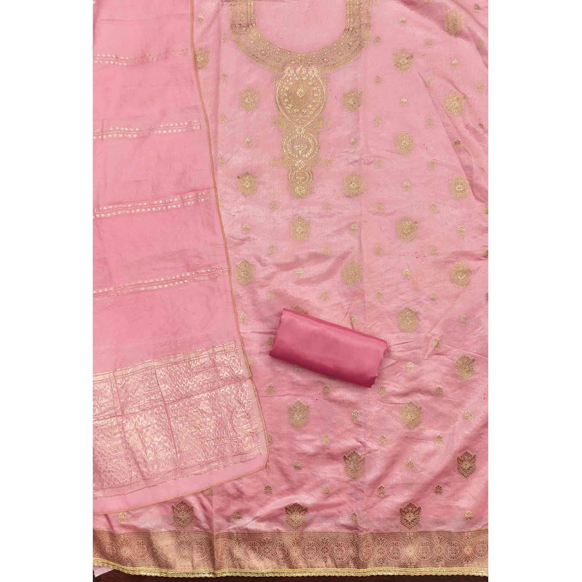 Refined Pink Viscose Jacquard Dress Material Featuring Floral Weaving Work