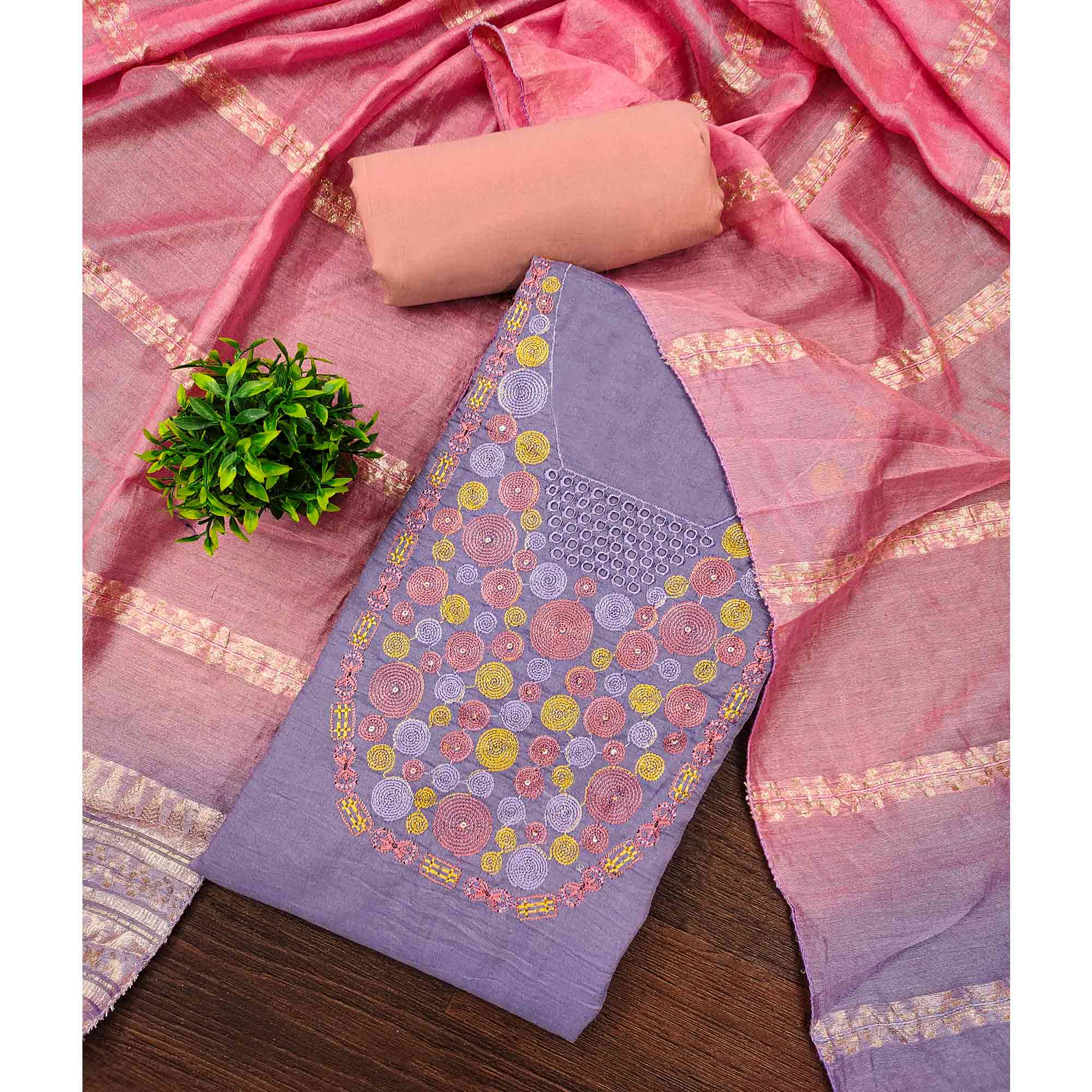 Charming Lavender Thread Embroidered Cotton Blend Dress Material With Sequins & Gota Patti Accents