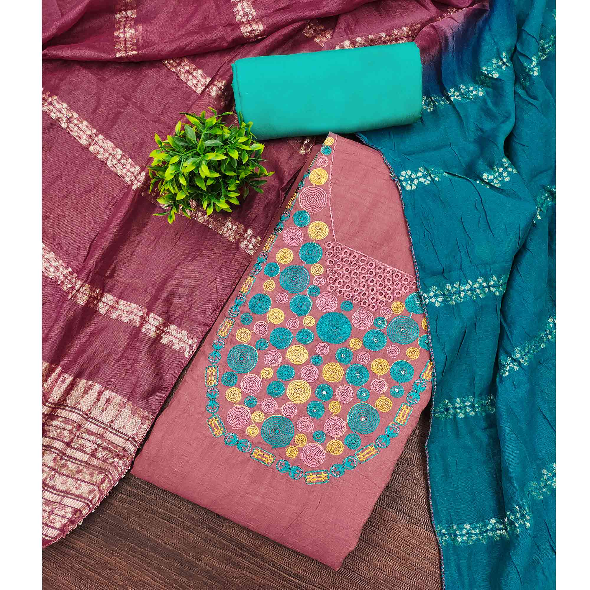 Charming Pink Thread Embroidered Cotton Blend Dress Material With Sequins & Gota Patti Accents