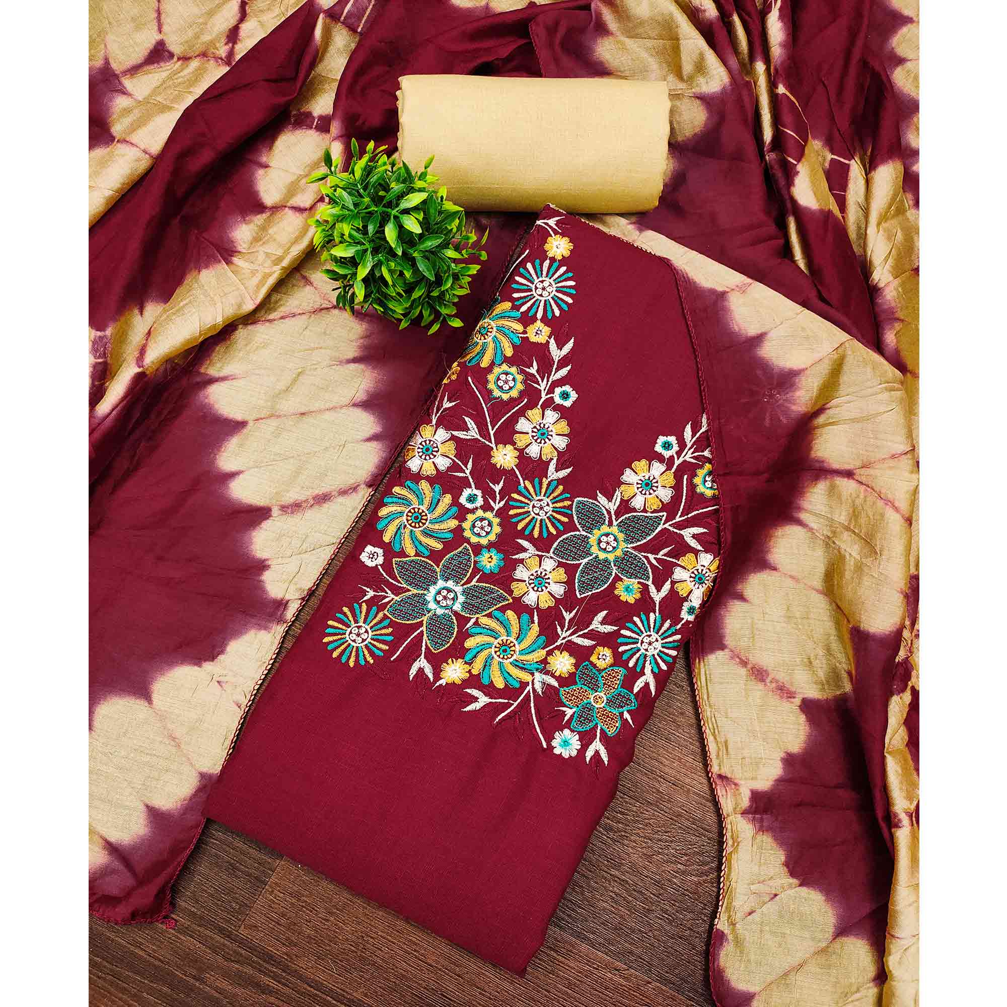 Elegant Maroon Floral Thread Embroidered Cotton Blend Dress Material With Gota Patti Work