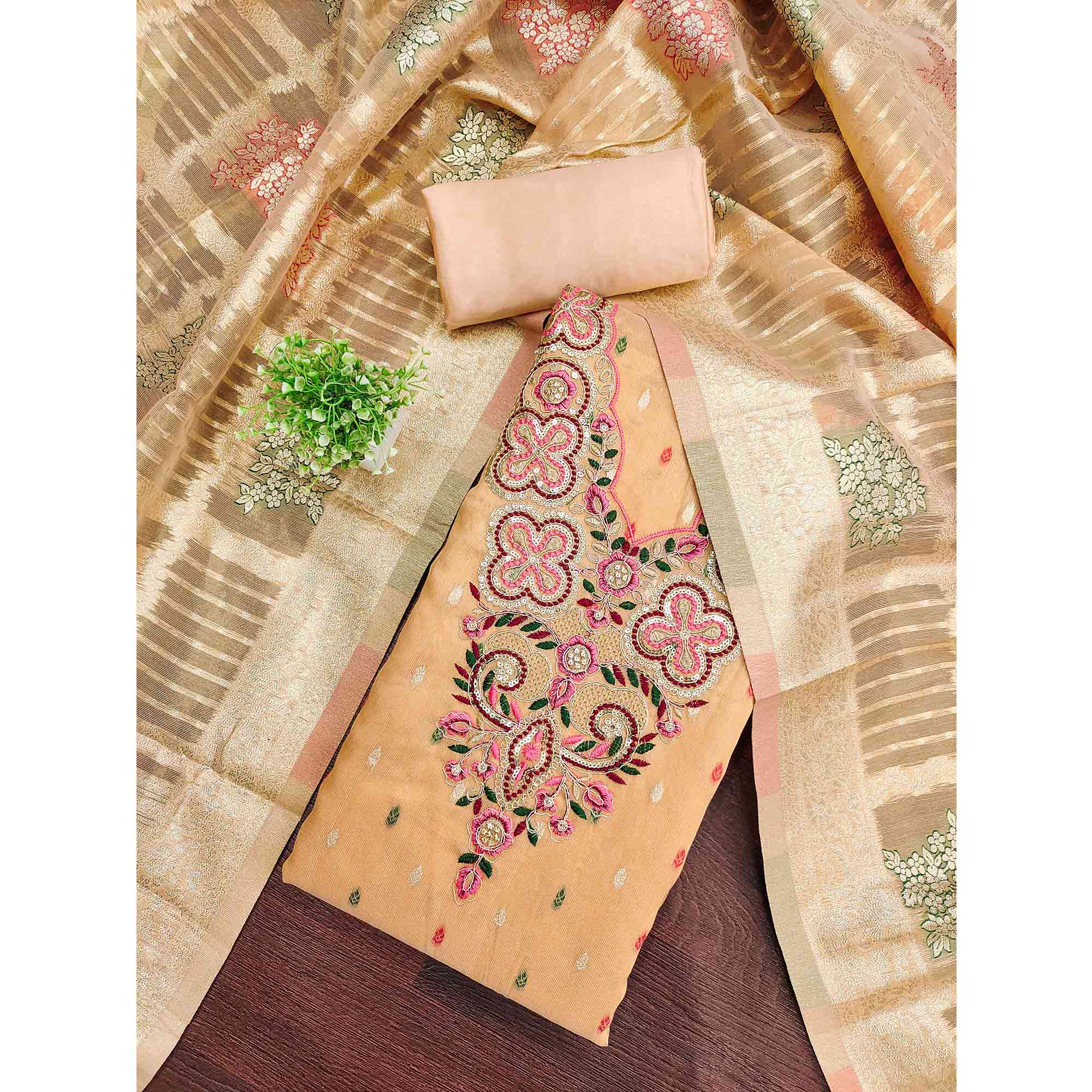 Stylish Peach Floral Cording Embroidered Shimmer Dress Material Enhanced With Butti Weaving Work