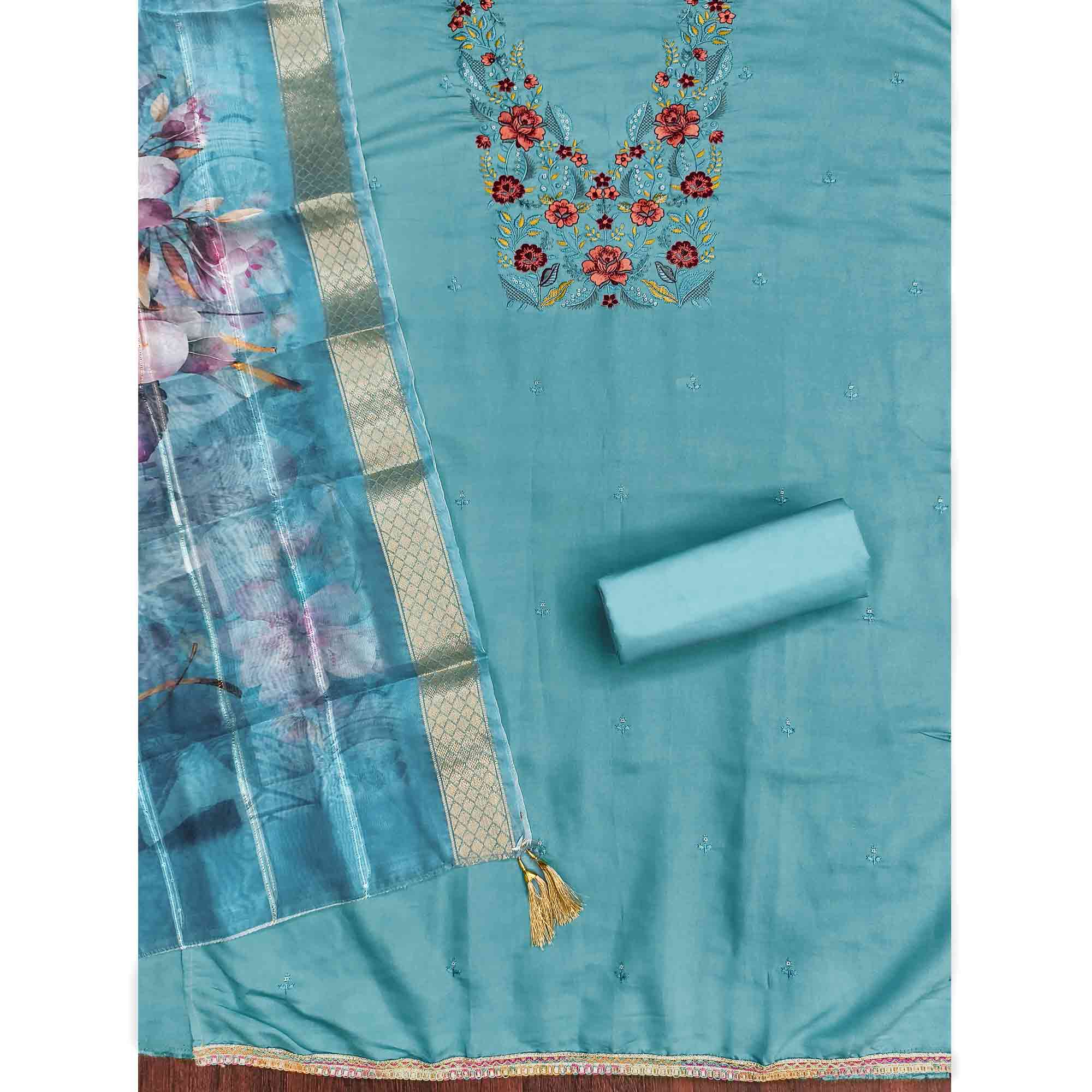 Majestic Blue Bloom Floral Thread & Sequins Embroidered Roman Cotton Silk Dress Material