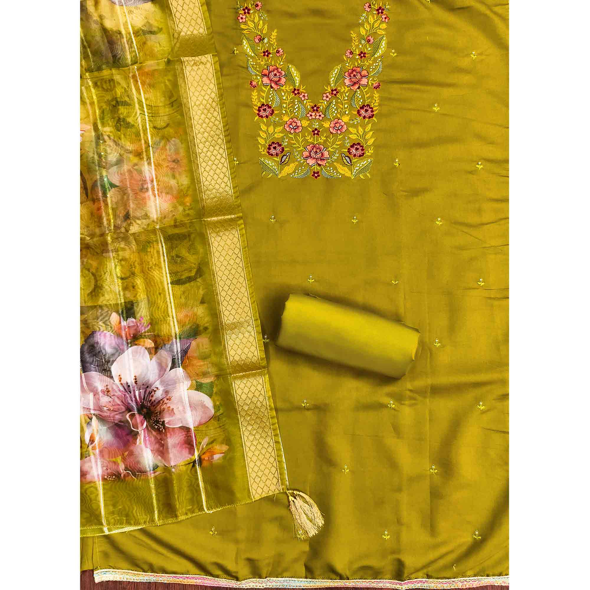 Majestic Green Bloom Floral Thread & Sequins Embroidered Roman Cotton Silk Dress Material