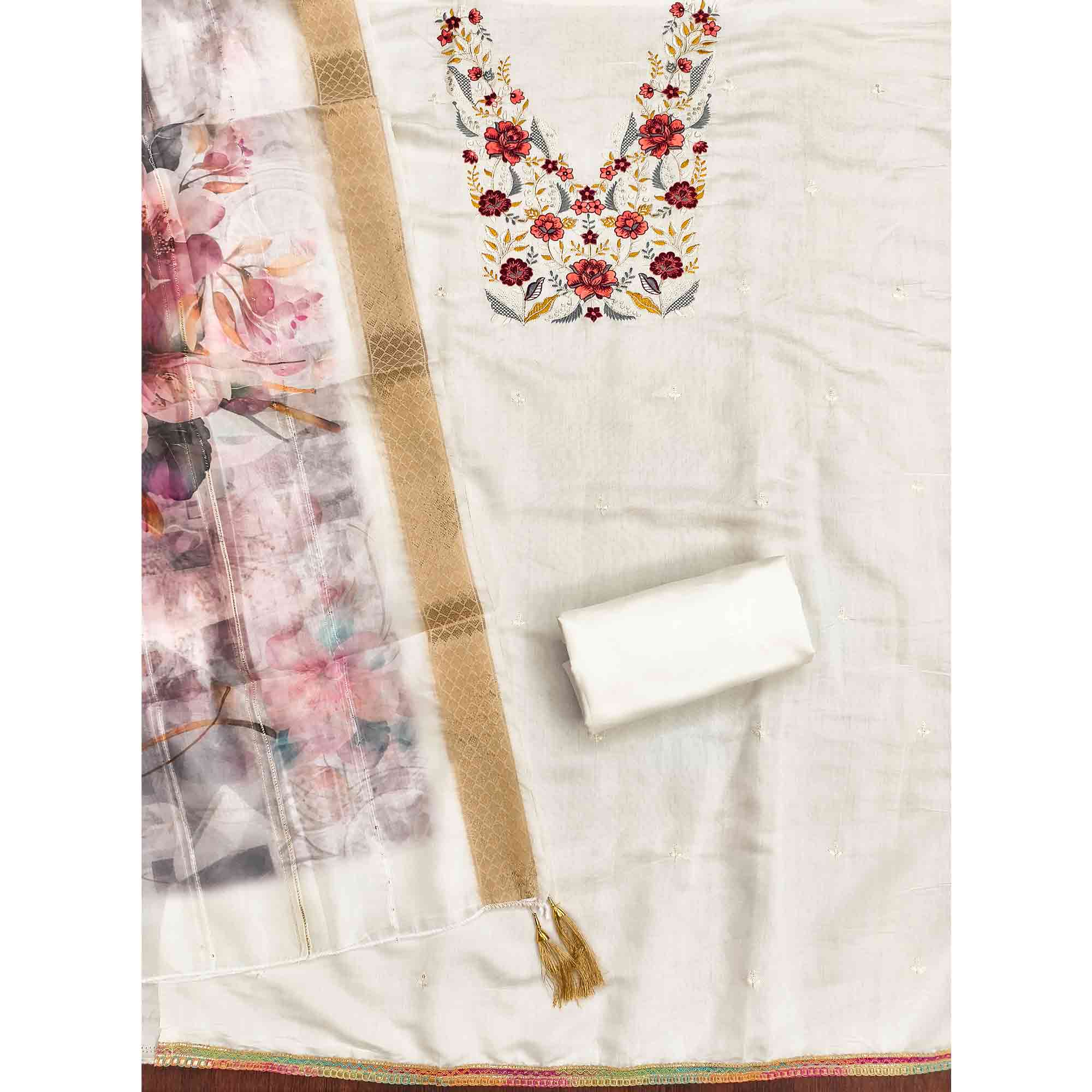 Majestic White Bloom Floral Thread & Sequins Embroidered Roman Cotton Silk Dress Material