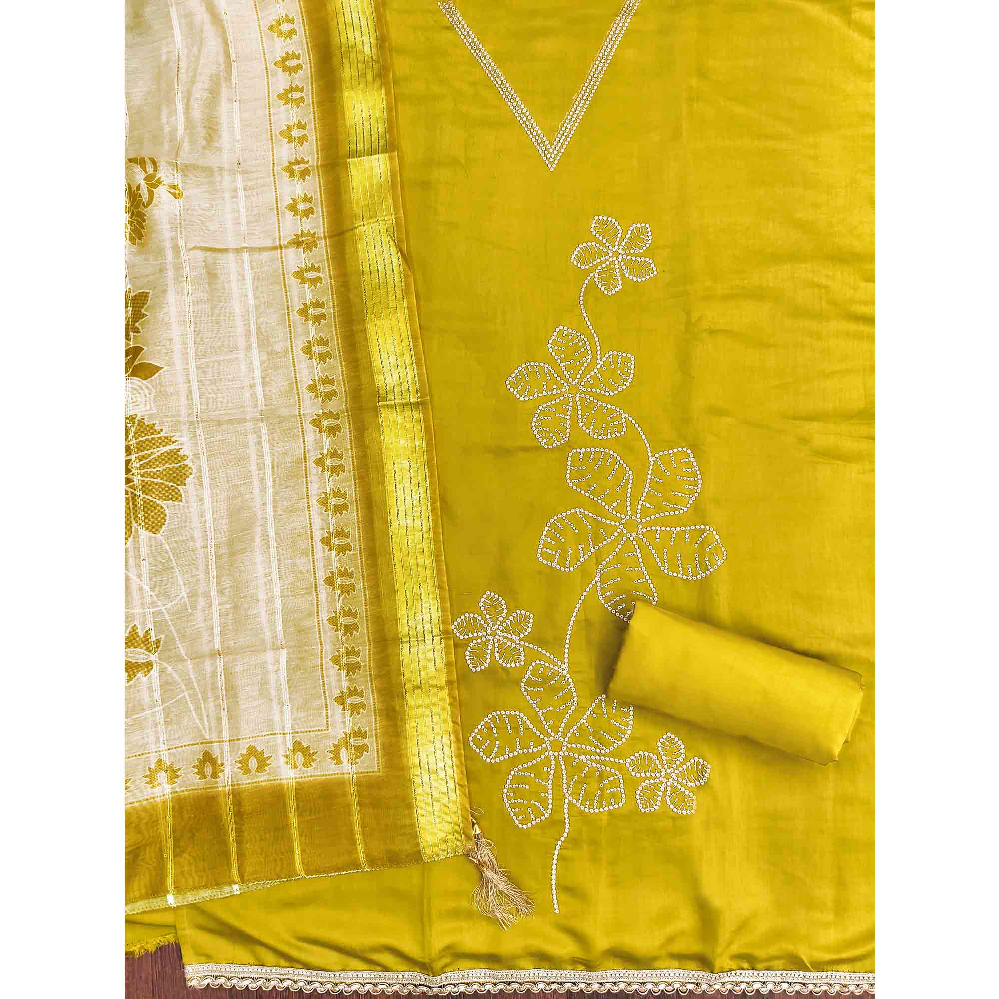 Sophisticated Green Floral Embroidered Roman Cotton Silk Dress Material With Shimmering Sequins