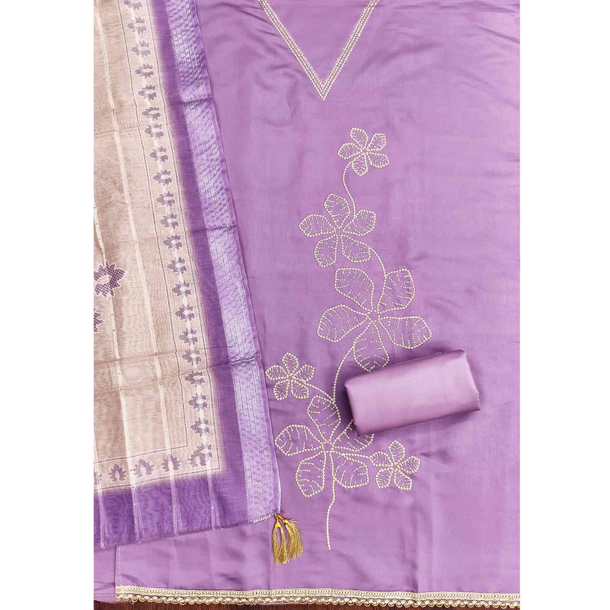 Sophisticated Lavender Floral Embroidered Roman Cotton Silk Dress Material With Shimmering Sequins
