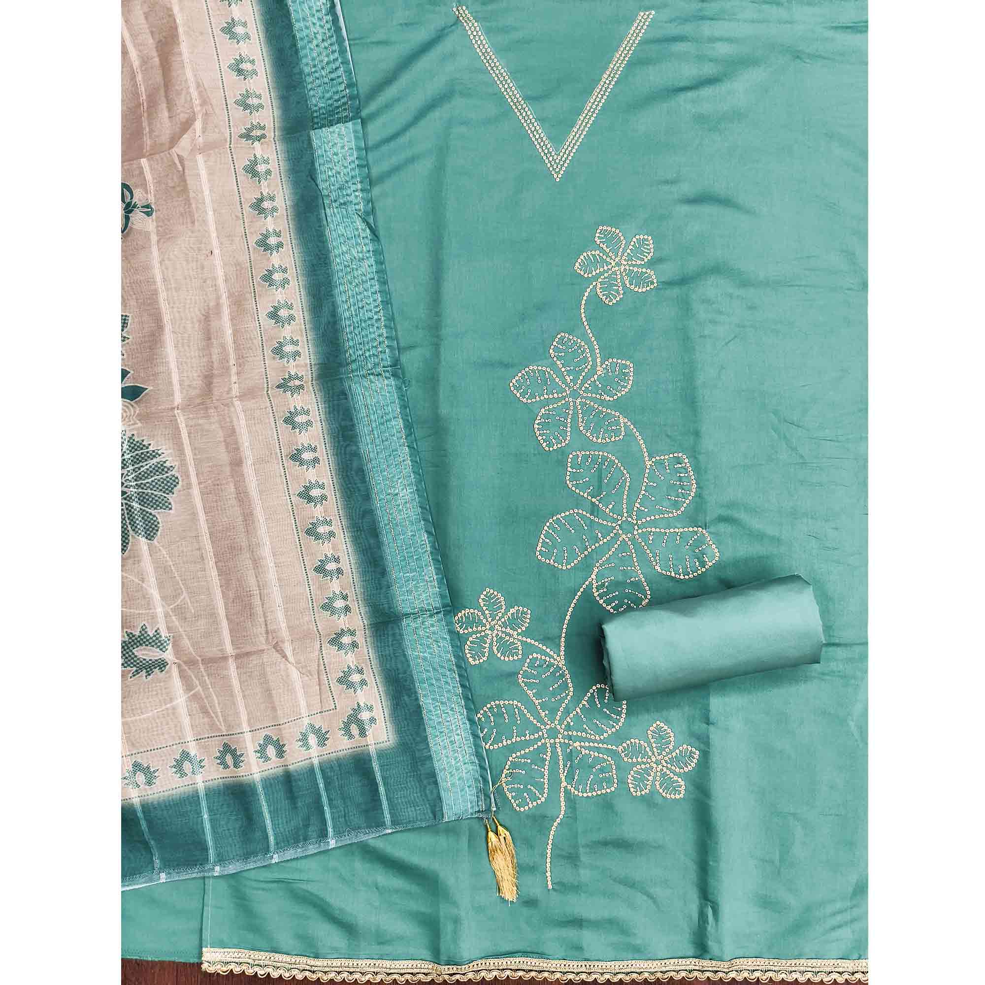Sophisticated Turquoise Floral Embroidered Roman Cotton Silk Dress Material With Shimmering Sequins