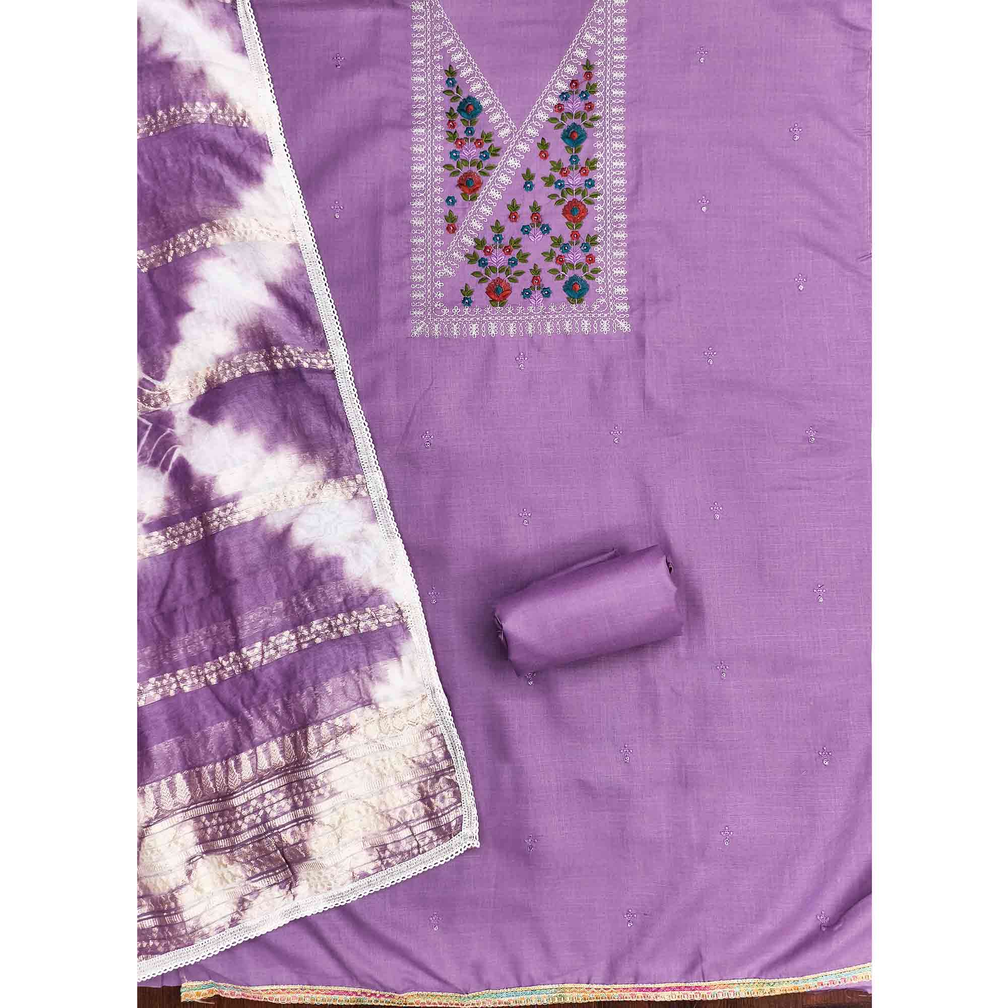 Opulent Grace Lavender Cotton Blend Dress Material Adorned With Floral Thread & Sequins Work