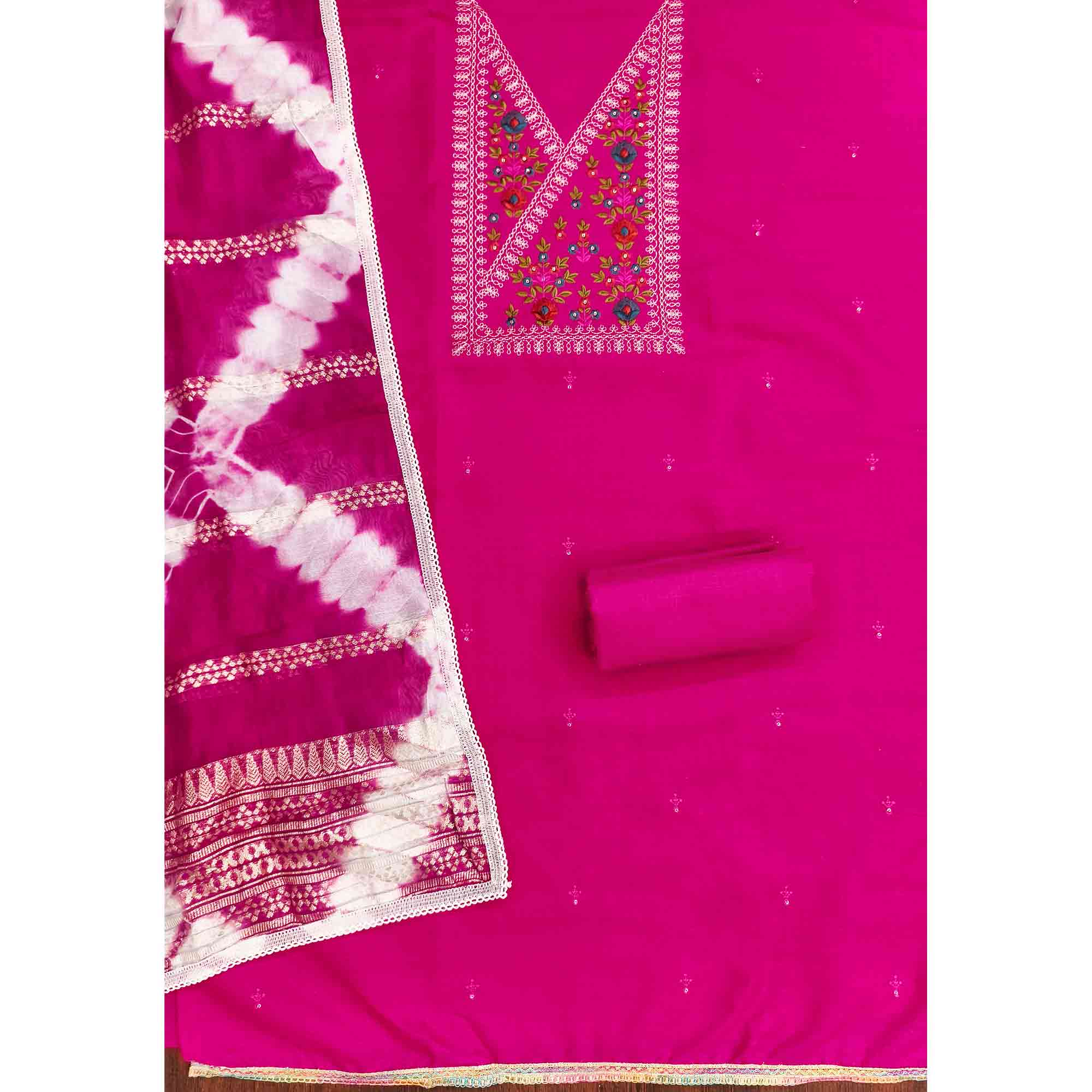 Opulent Grace Pink Cotton Blend Dress Material Adorned With Floral Thread & Sequins Work