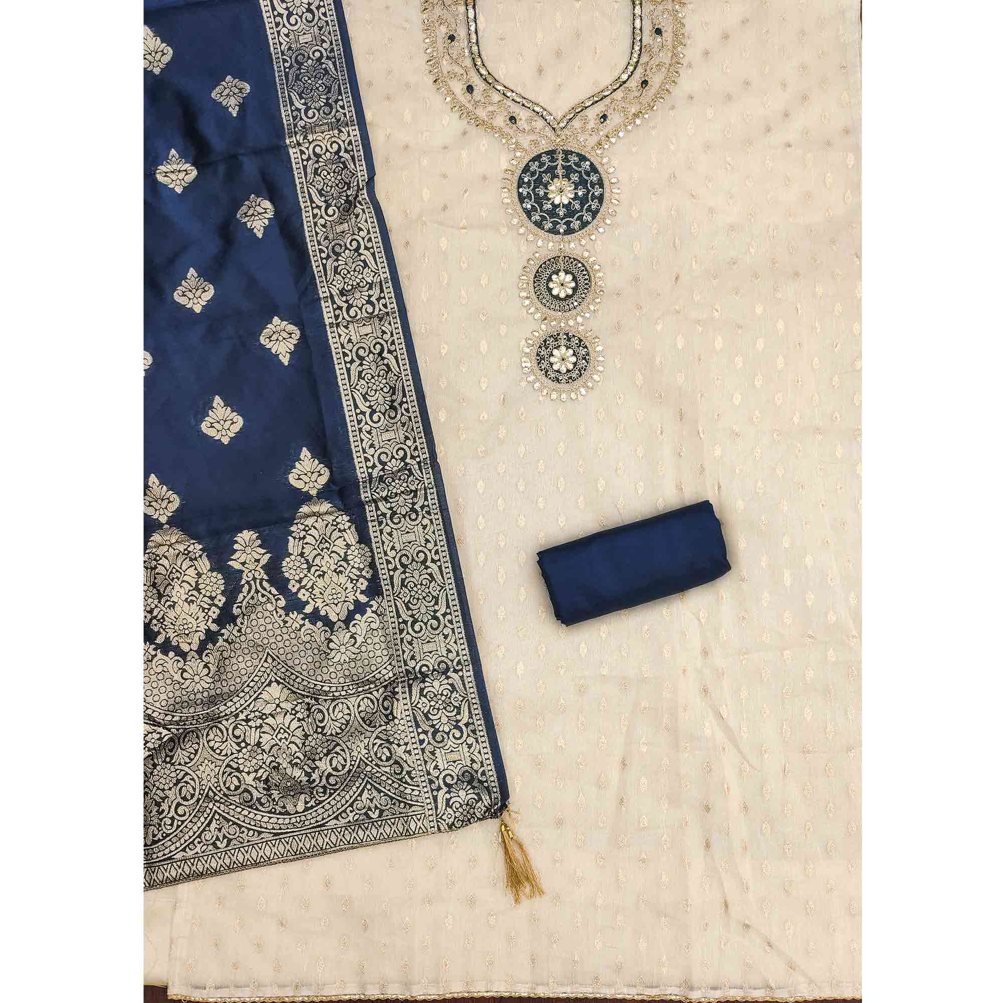 Cream & Blue Shimmer Dress Material Featuring Intricate Zari Weaving With Cording Embroidery