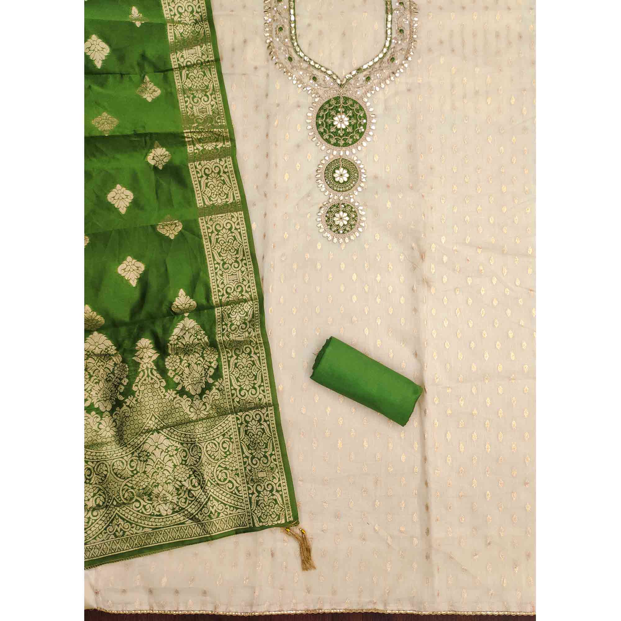 Cream & Green Shimmer Dress Material Featuring Intricate Zari Weaving With Cording Embroidery
