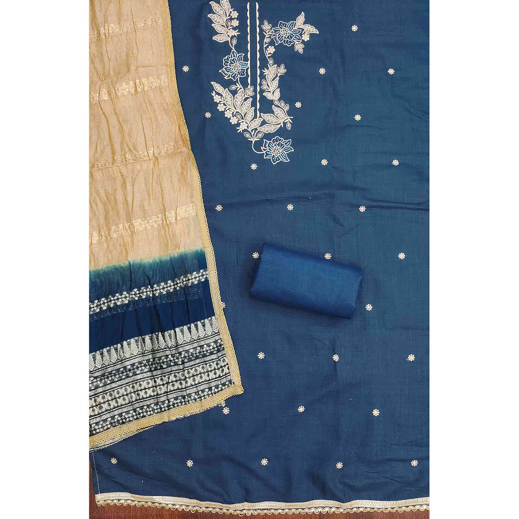 Blue Cotton Blend Dress Material Adorned With Elegant Floral Embroidery & Sequins Detailing