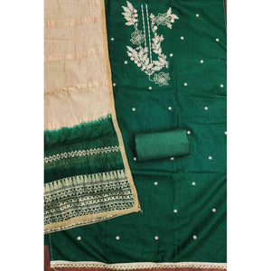 Green Cotton Blend Dress Material Adorned With Elegant Floral Embroidery & Sequins Detailing
