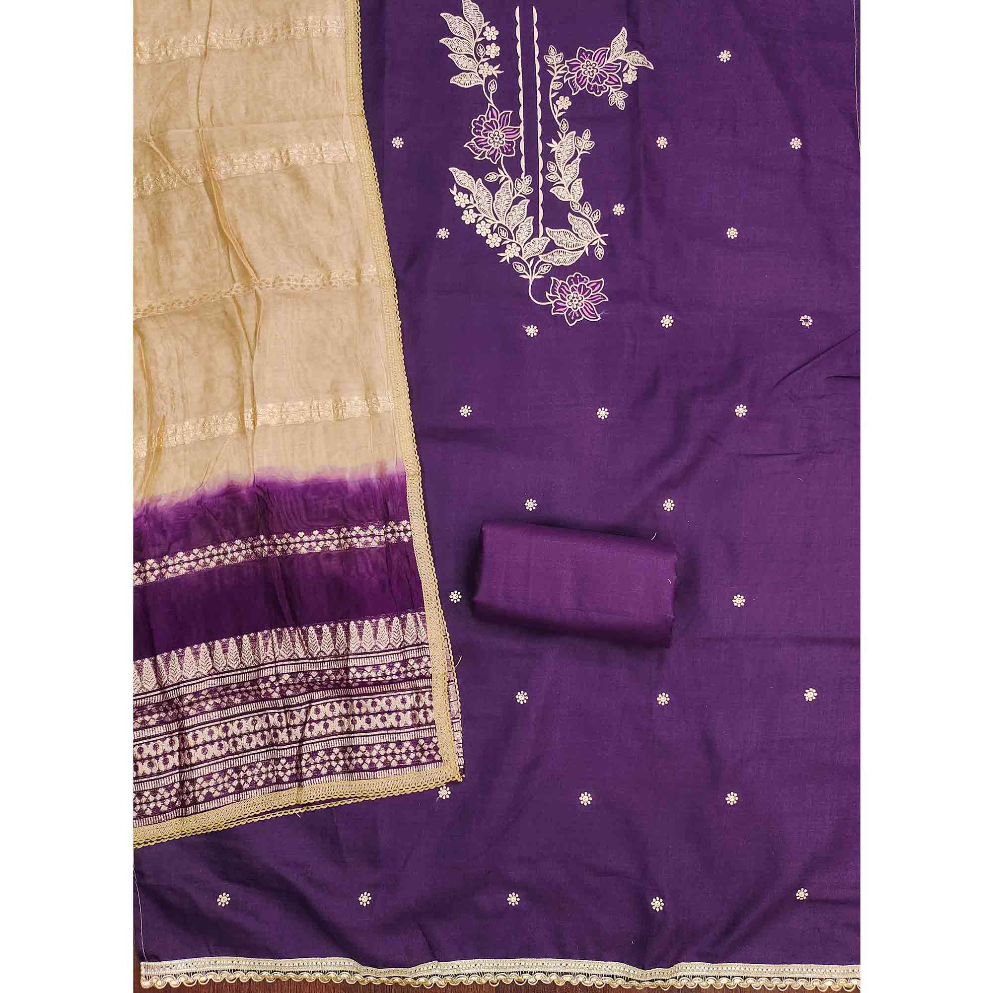 Purple Cotton Blend Dress Material Adorned With Elegant Floral Embroidery & Sequins Detailing