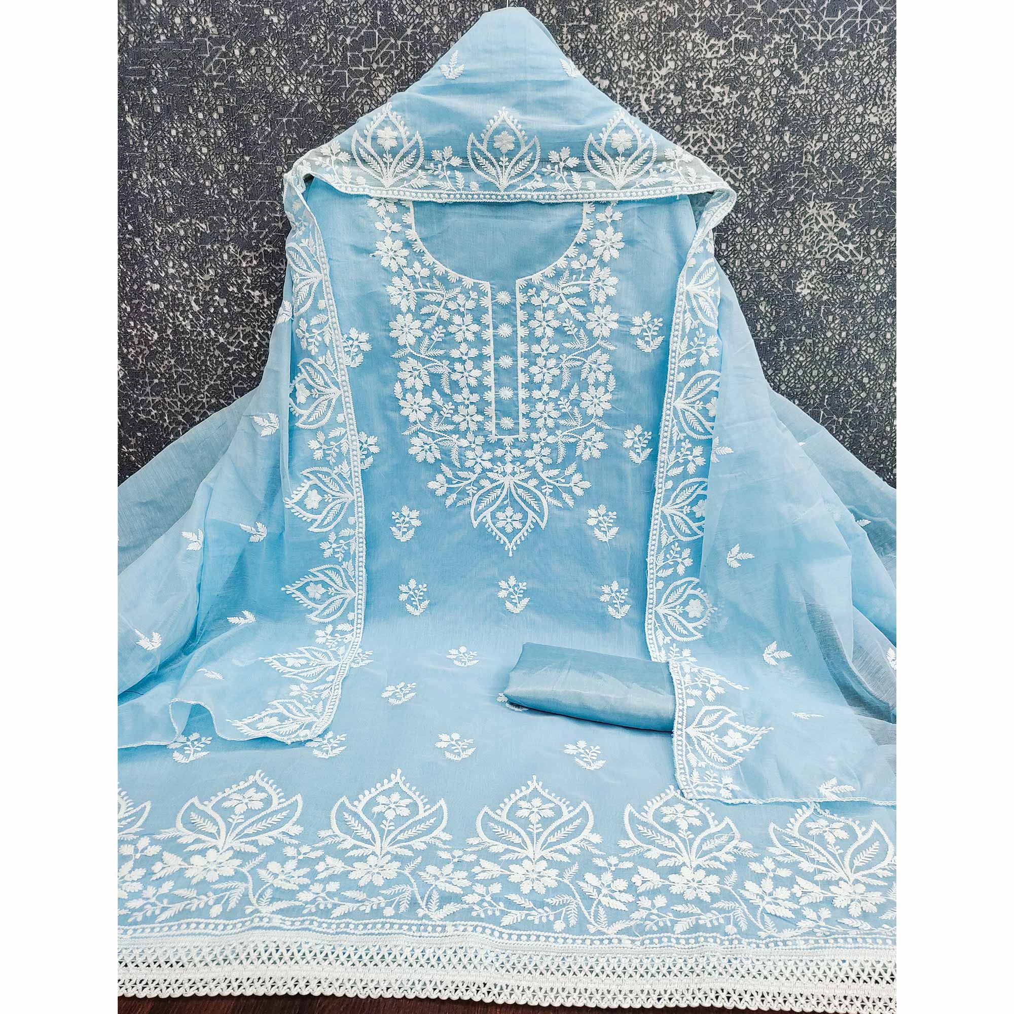 Designer Blue Floral Thread Embroidered Chanderi Cotton Dress Material